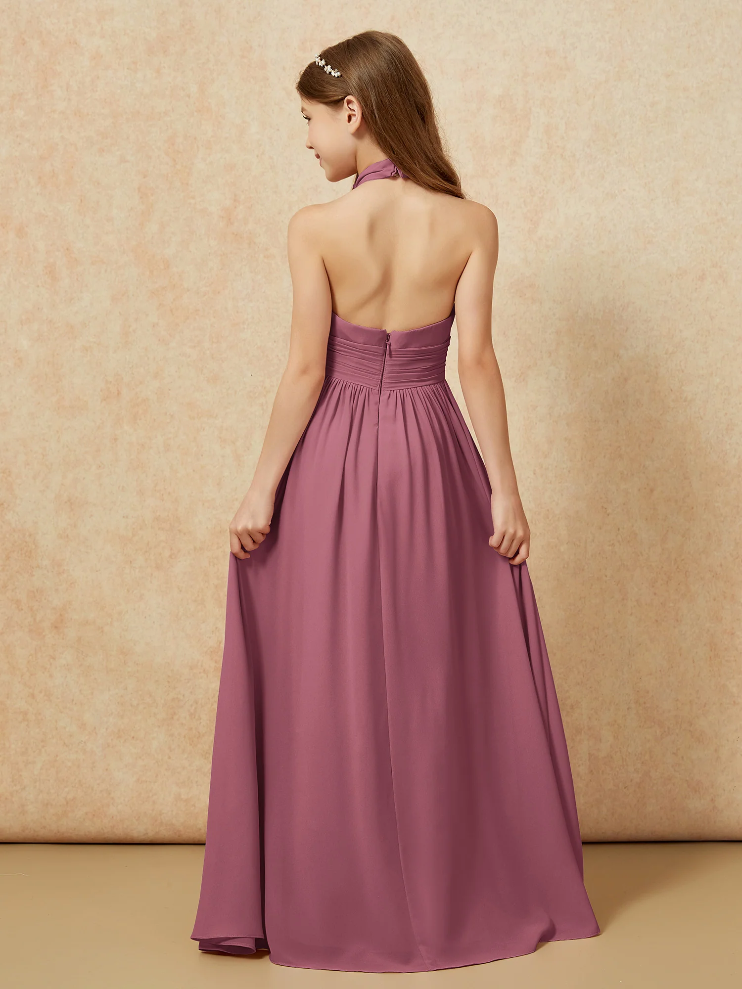 Halter Backless Chiffon Long Junior Bridesmaid Dress Mulberry - Image 2
