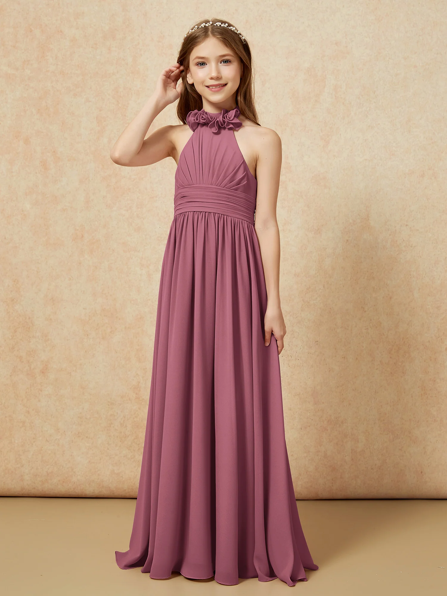 Halter Backless Chiffon Long Junior Bridesmaid Dress Mulberry - Image 3