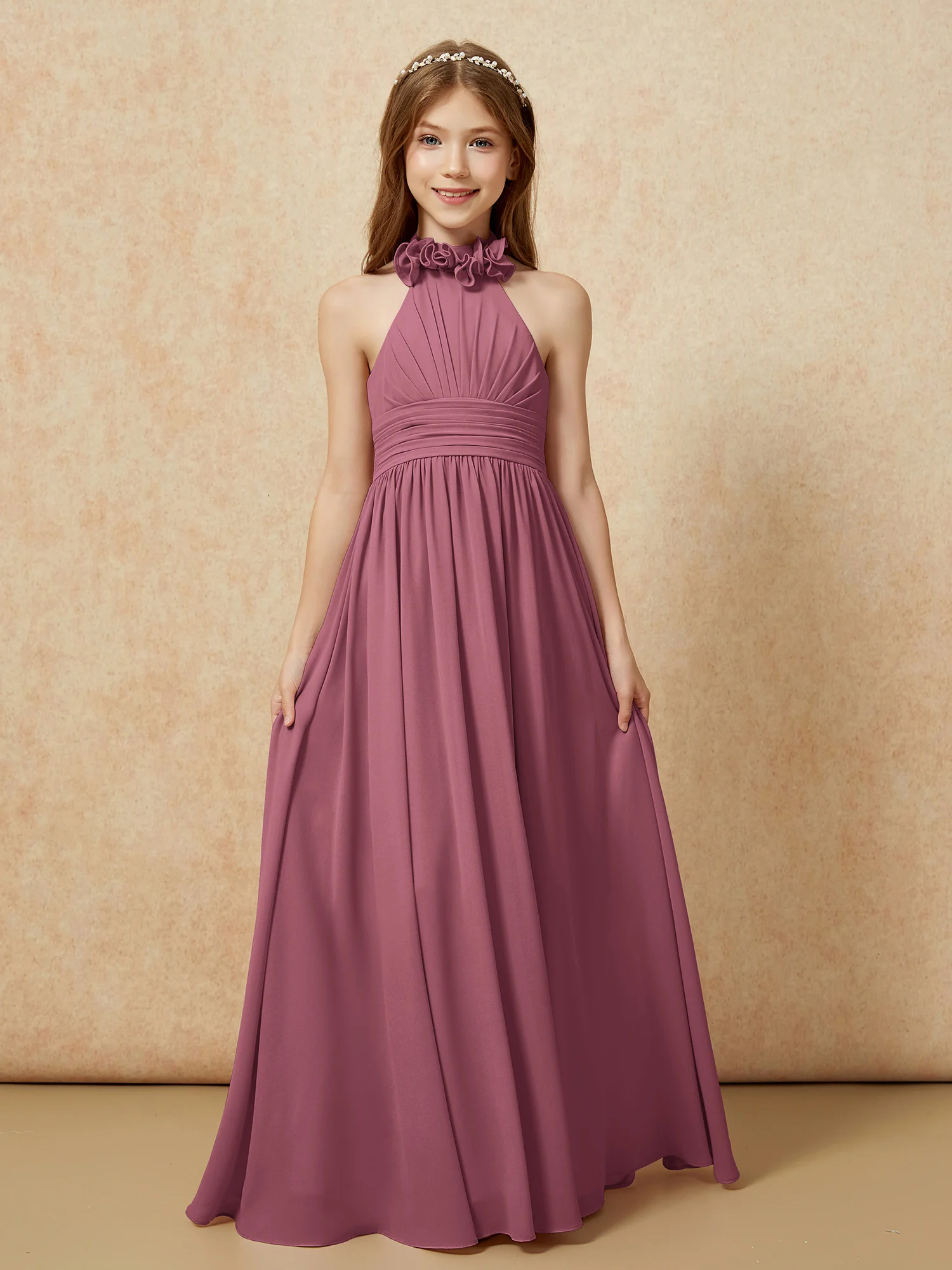 Halter Backless Chiffon Long Junior Bridesmaid Dress Mulberry - Image 4