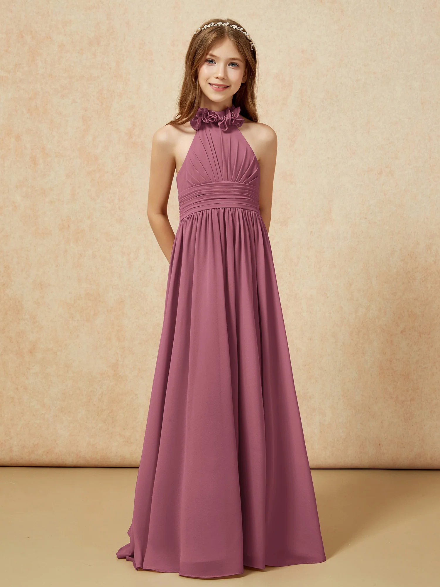 Halter Backless Chiffon Long Junior Bridesmaid Dress Mulberry - Image 5