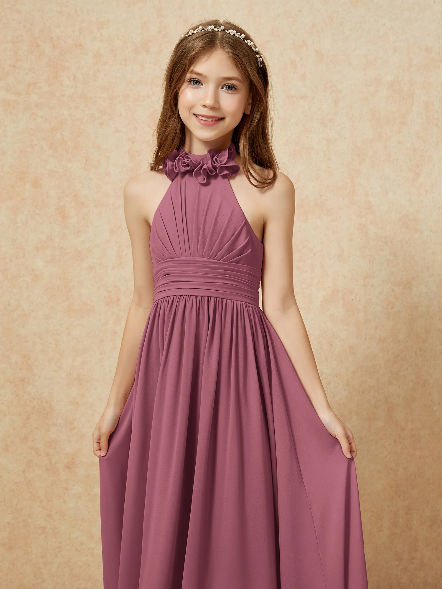 Halter Backless Chiffon Long Junior Bridesmaid Dress Mulberry - Image 6