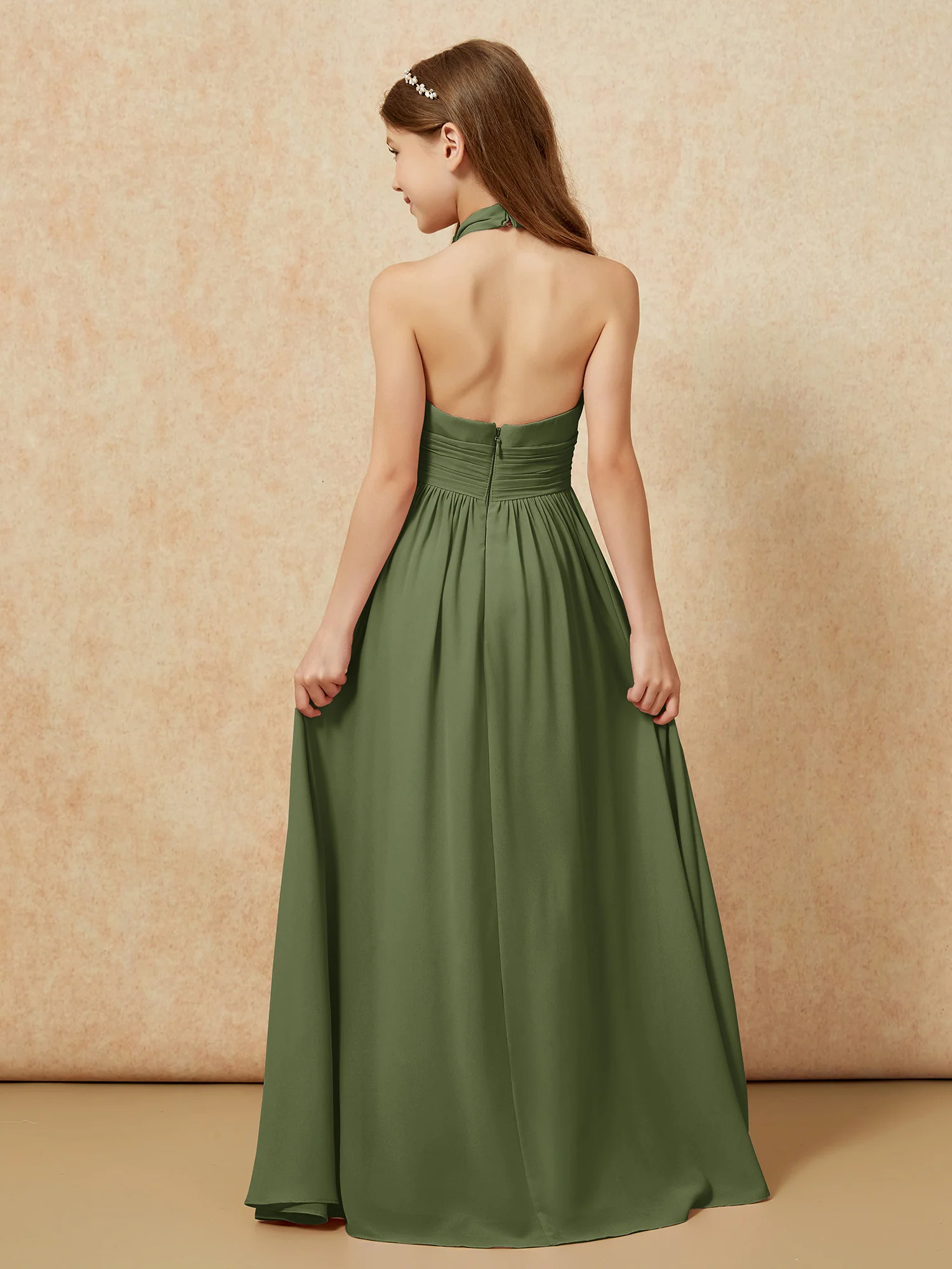 Halter Backless Chiffon Long Junior Bridesmaid Dress Olive Green - Image 2