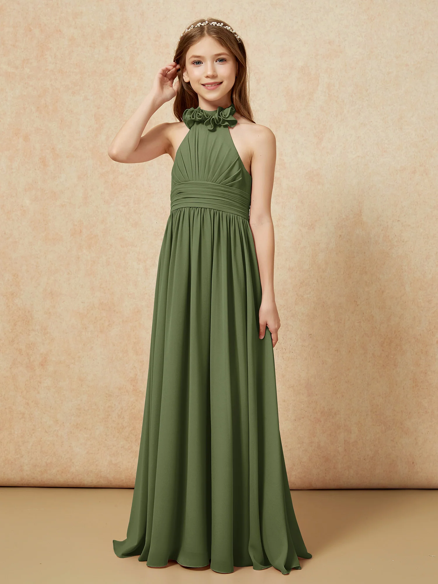 Halter Backless Chiffon Long Junior Bridesmaid Dress Olive Green - Image 3