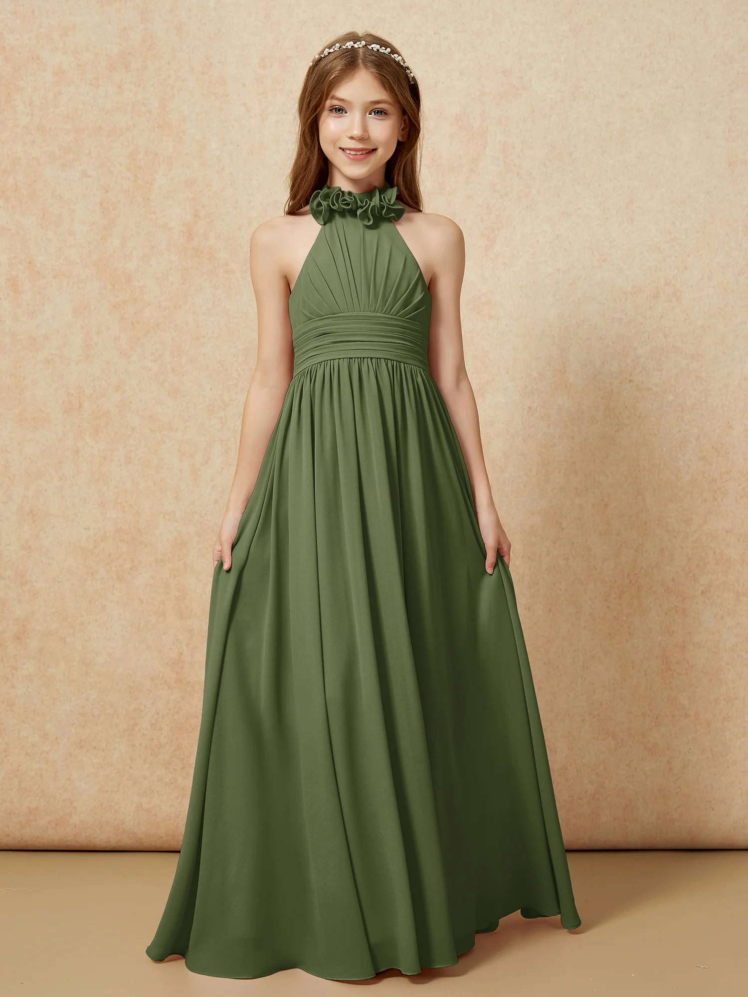 Halter Backless Chiffon Long Junior Bridesmaid Dress Olive Green - Image 4