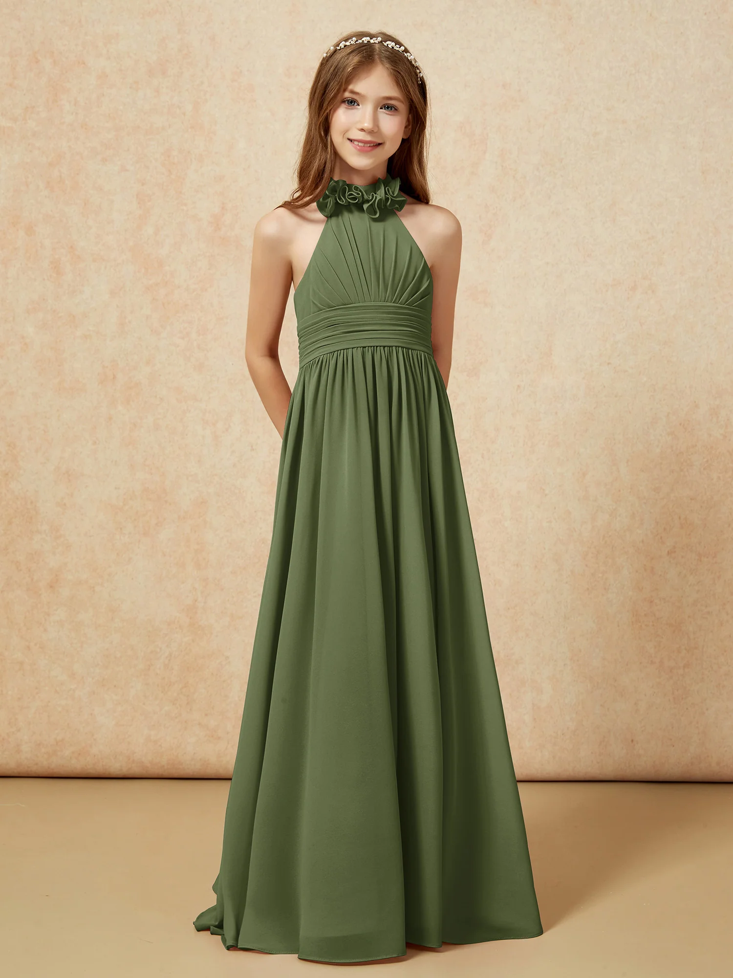 Halter Backless Chiffon Long Junior Bridesmaid Dress Olive Green - Image 5