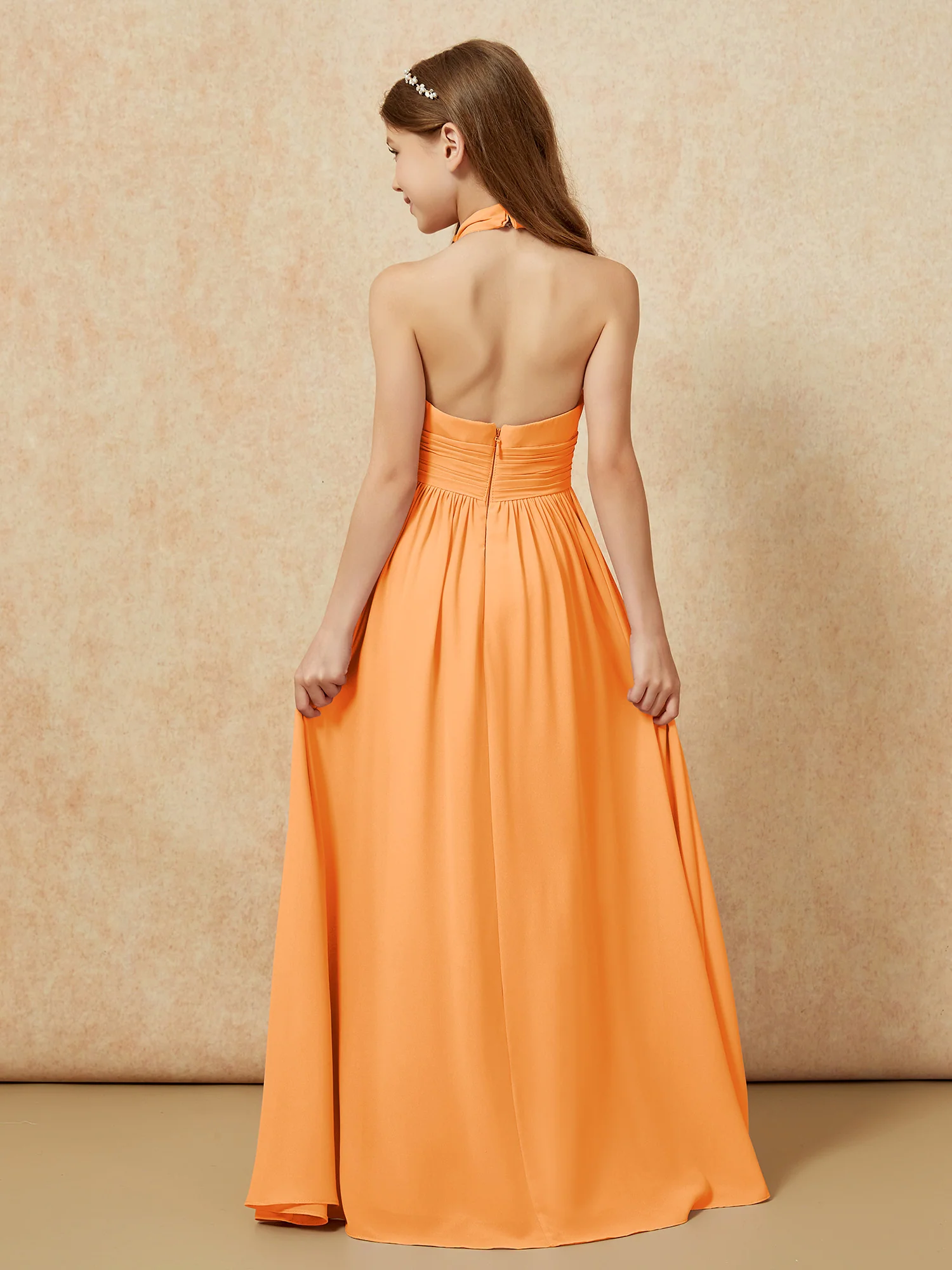 Halter Backless Chiffon Long Junior Bridesmaid Dress Orange - Image 2