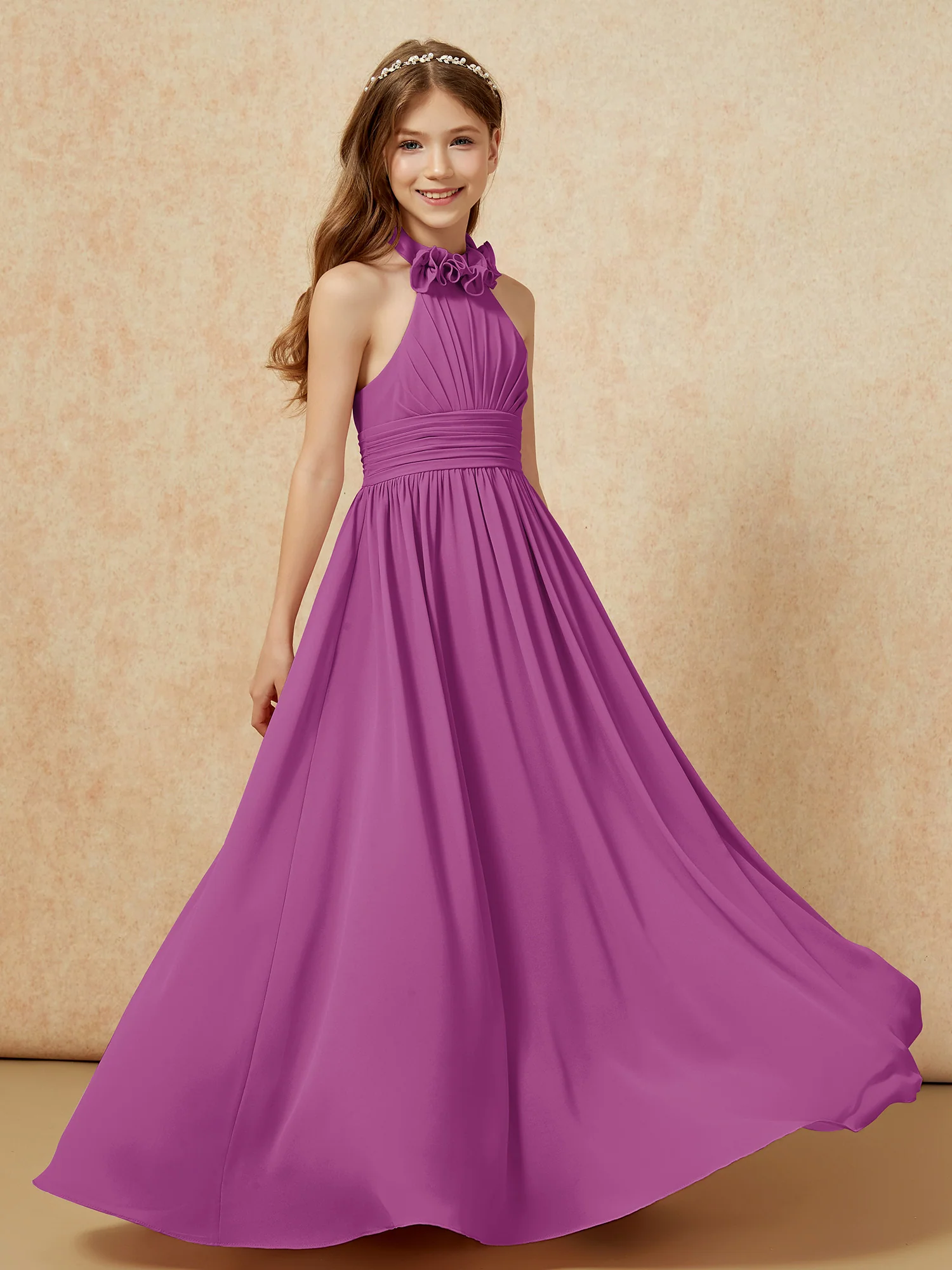 Halter Backless Chiffon Long Junior Bridesmaid Dress Orchid