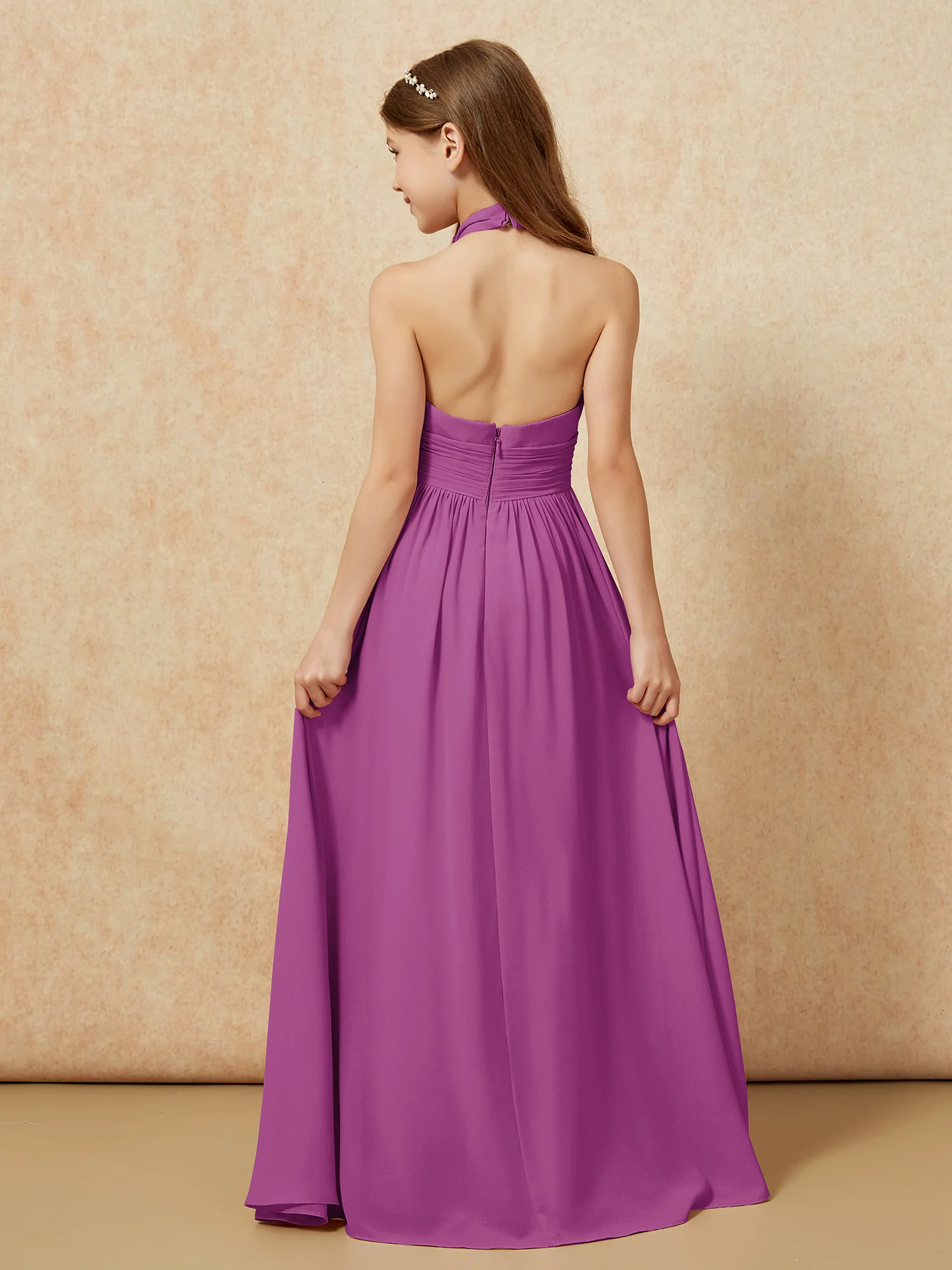 Halter Backless Chiffon Long Junior Bridesmaid Dress Orchid - Image 2