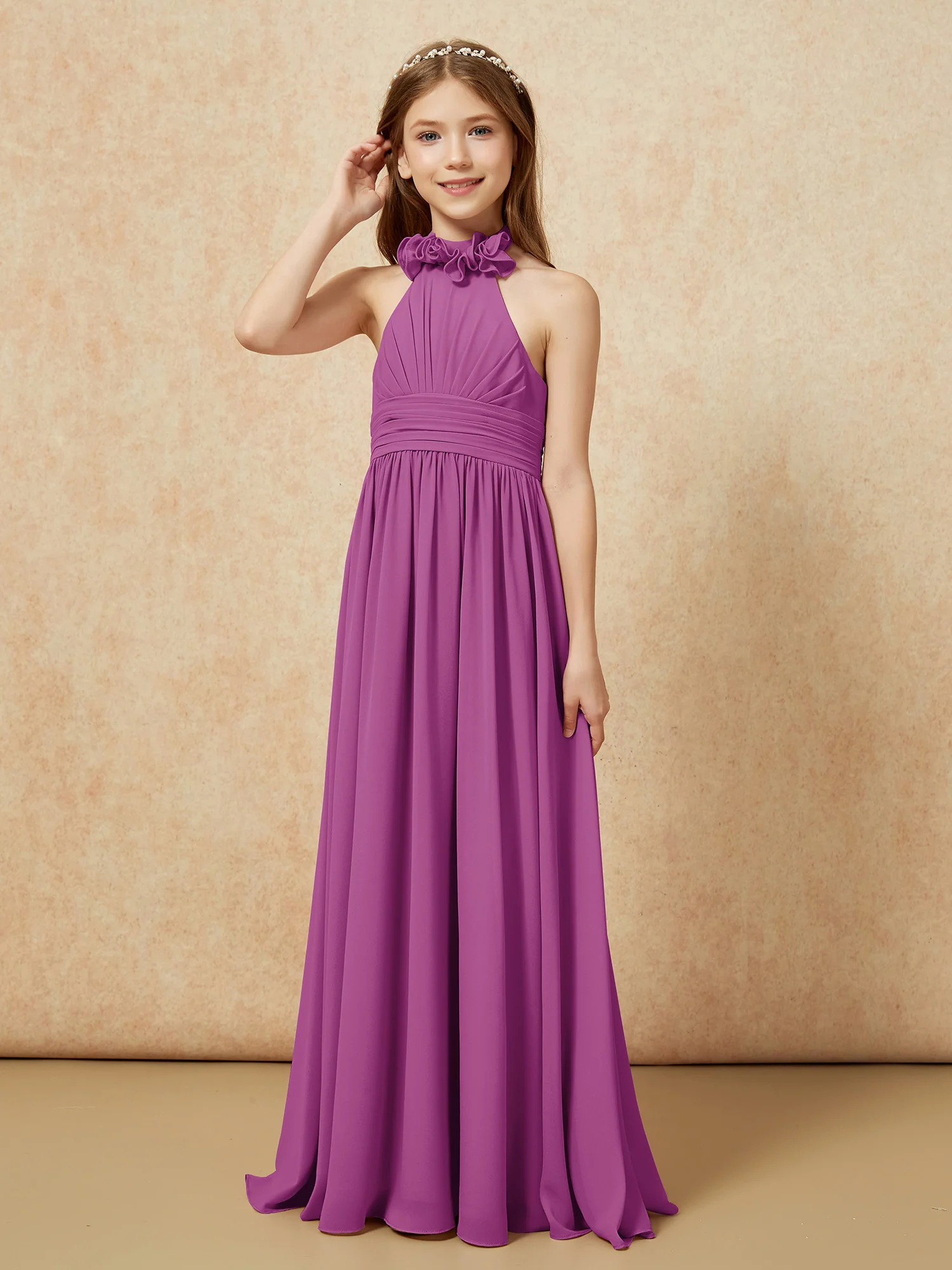 Halter Backless Chiffon Long Junior Bridesmaid Dress Orchid - Image 3