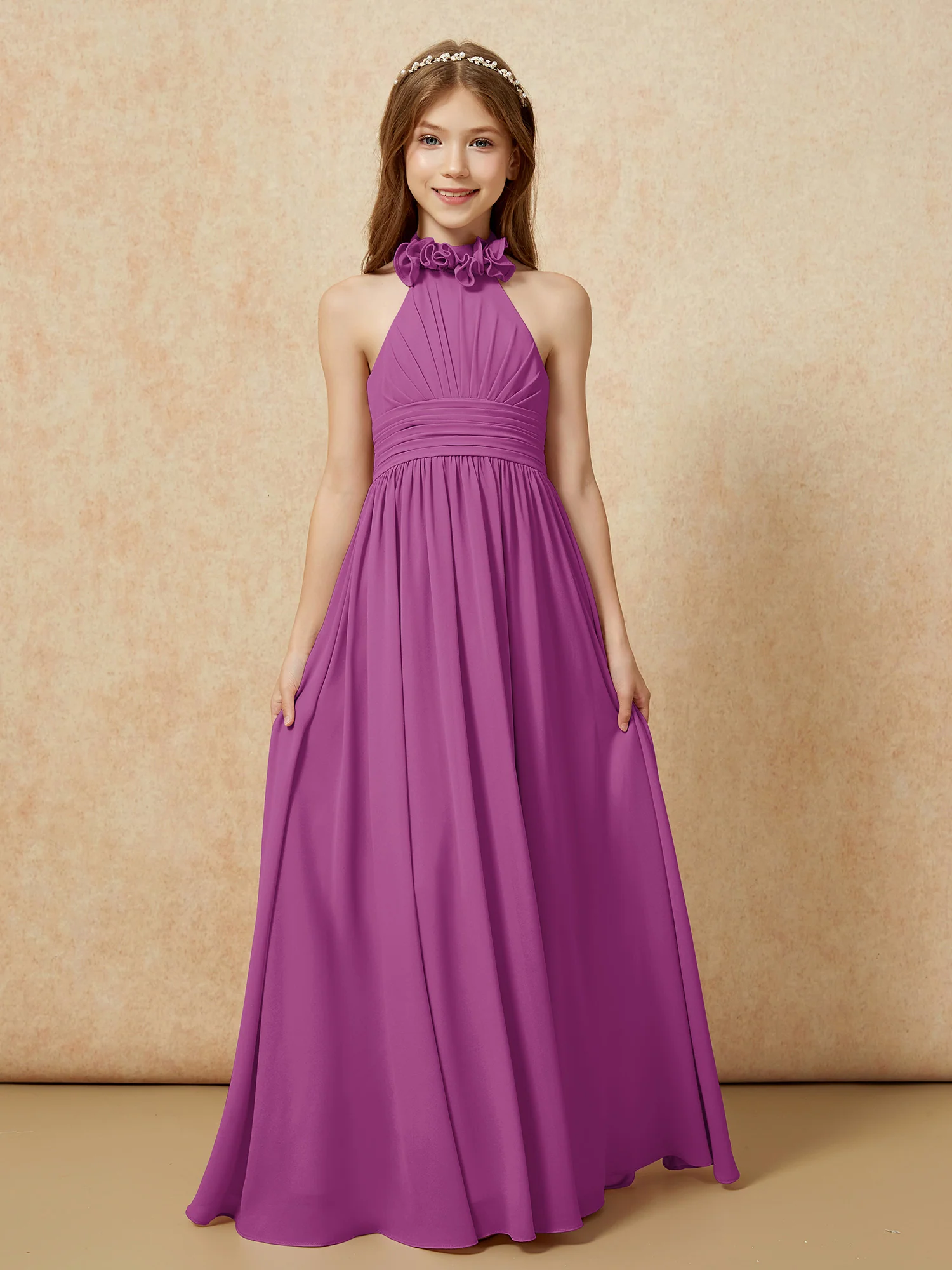 Halter Backless Chiffon Long Junior Bridesmaid Dress Orchid - Image 4