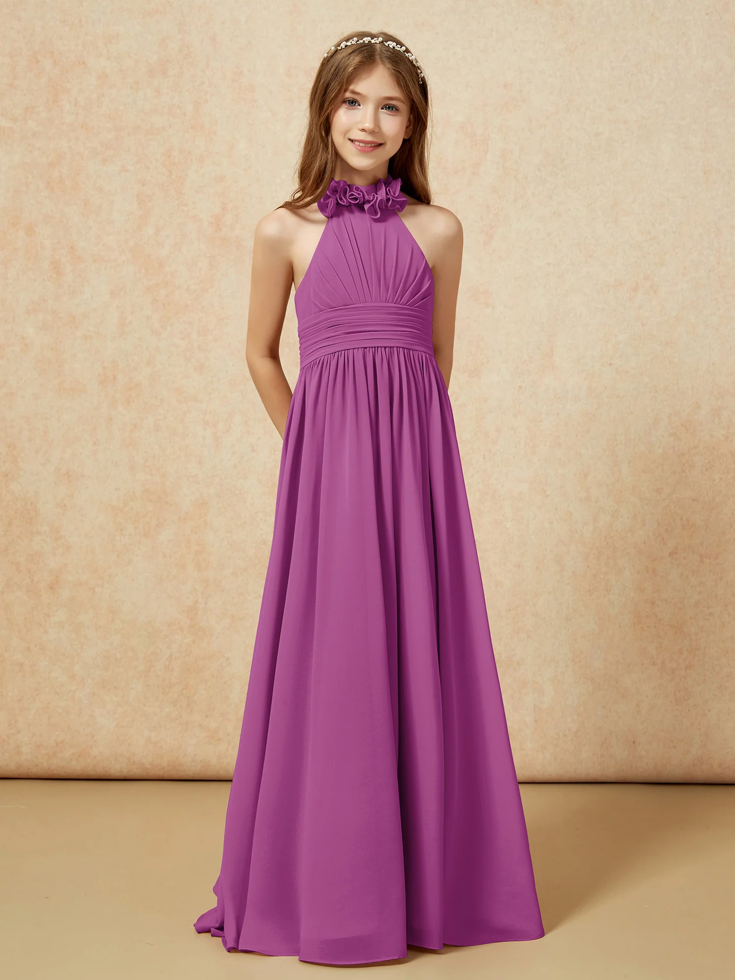 Halter Backless Chiffon Long Junior Bridesmaid Dress Orchid - Image 5