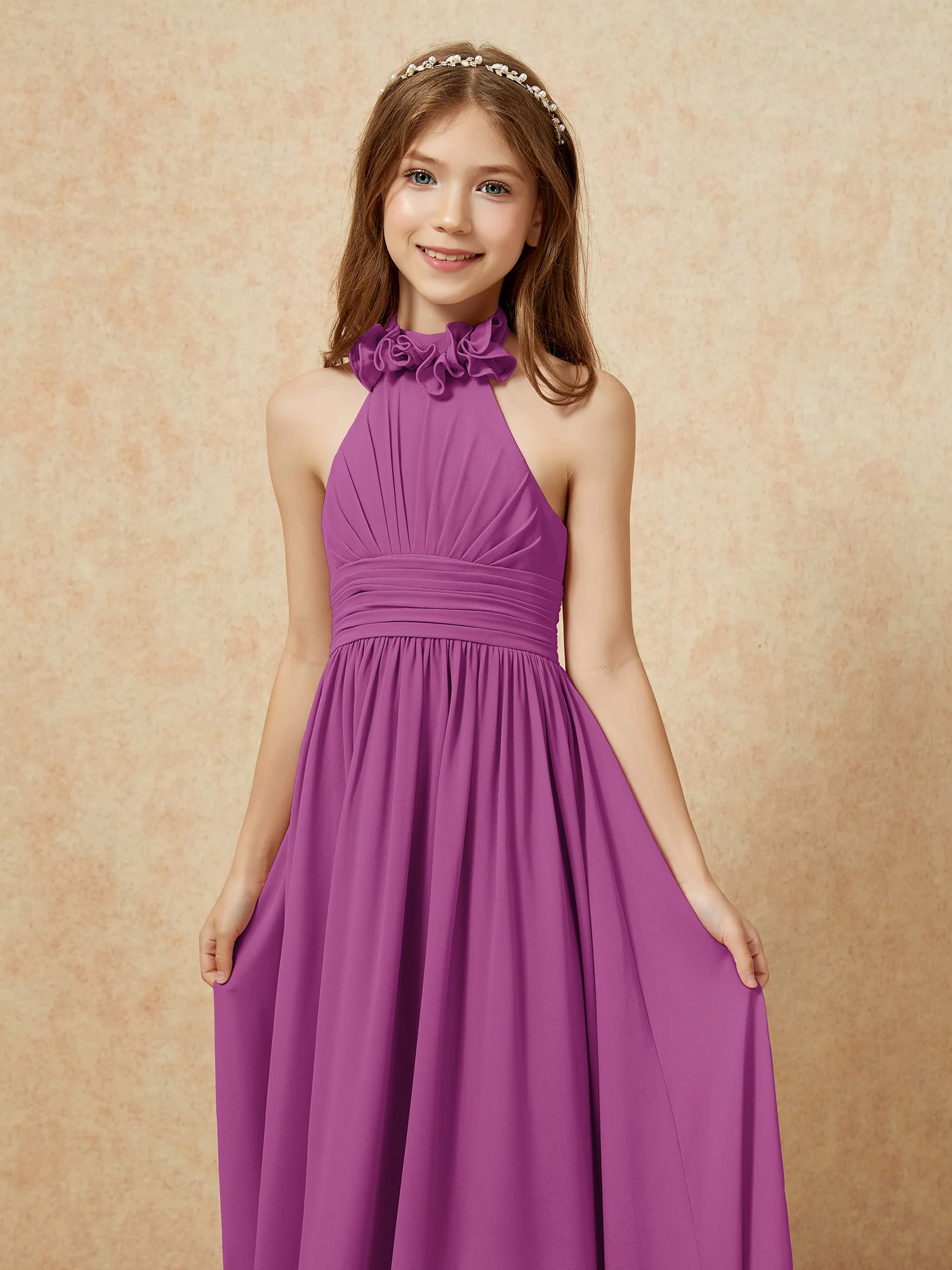 Halter Backless Chiffon Long Junior Bridesmaid Dress Orchid - Image 6