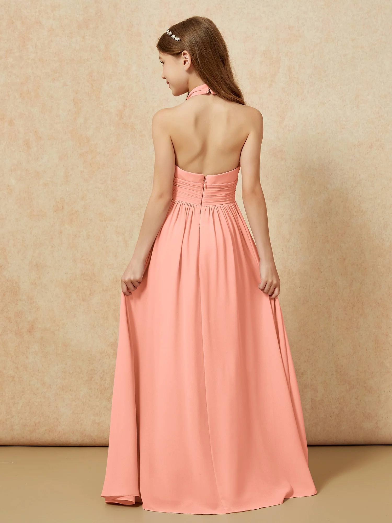 Halter Backless Chiffon Long Junior Bridesmaid Dress Papaya - Image 2