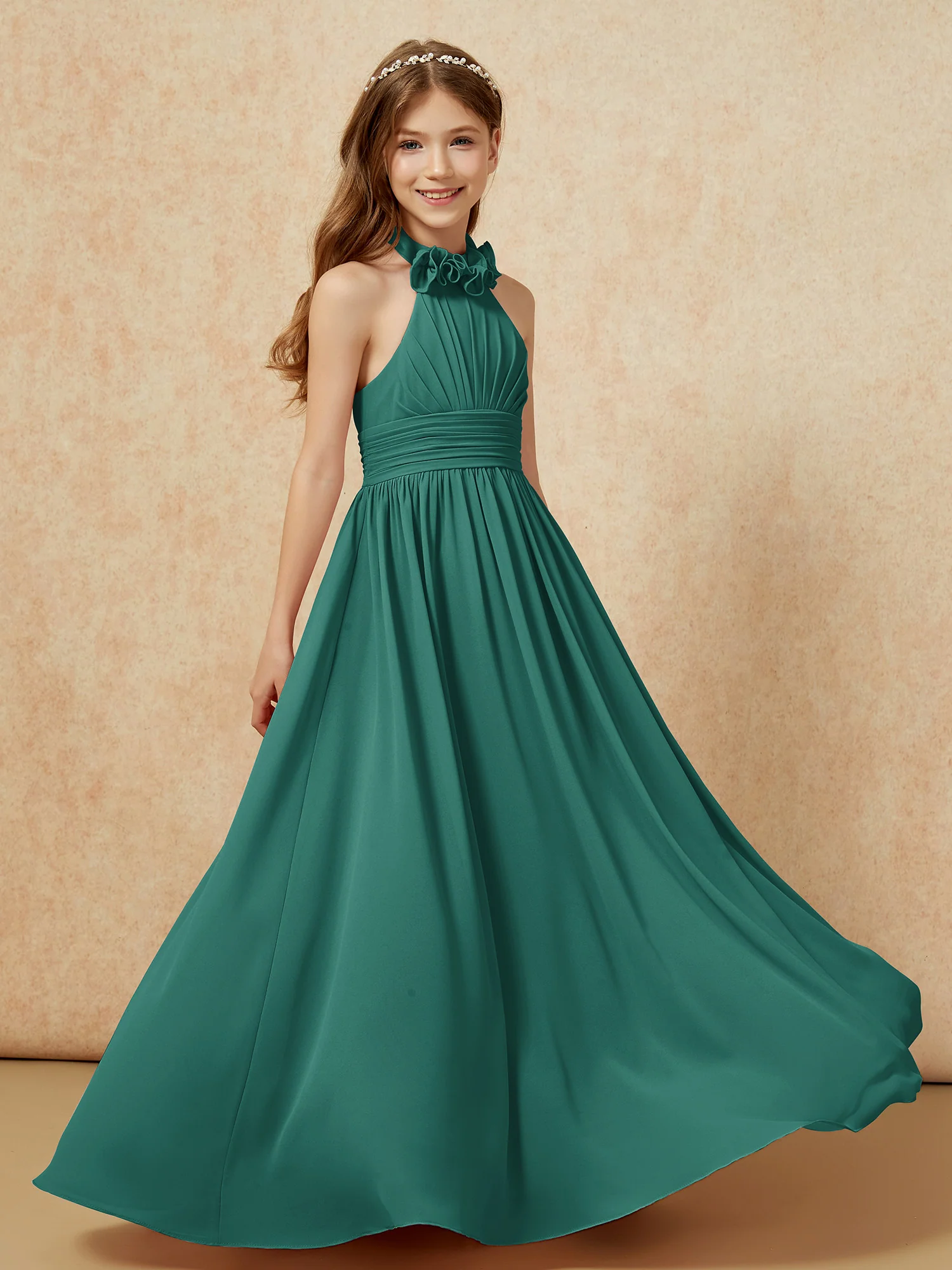 Halter Backless Chiffon Long Junior Bridesmaid Dress Peacock
