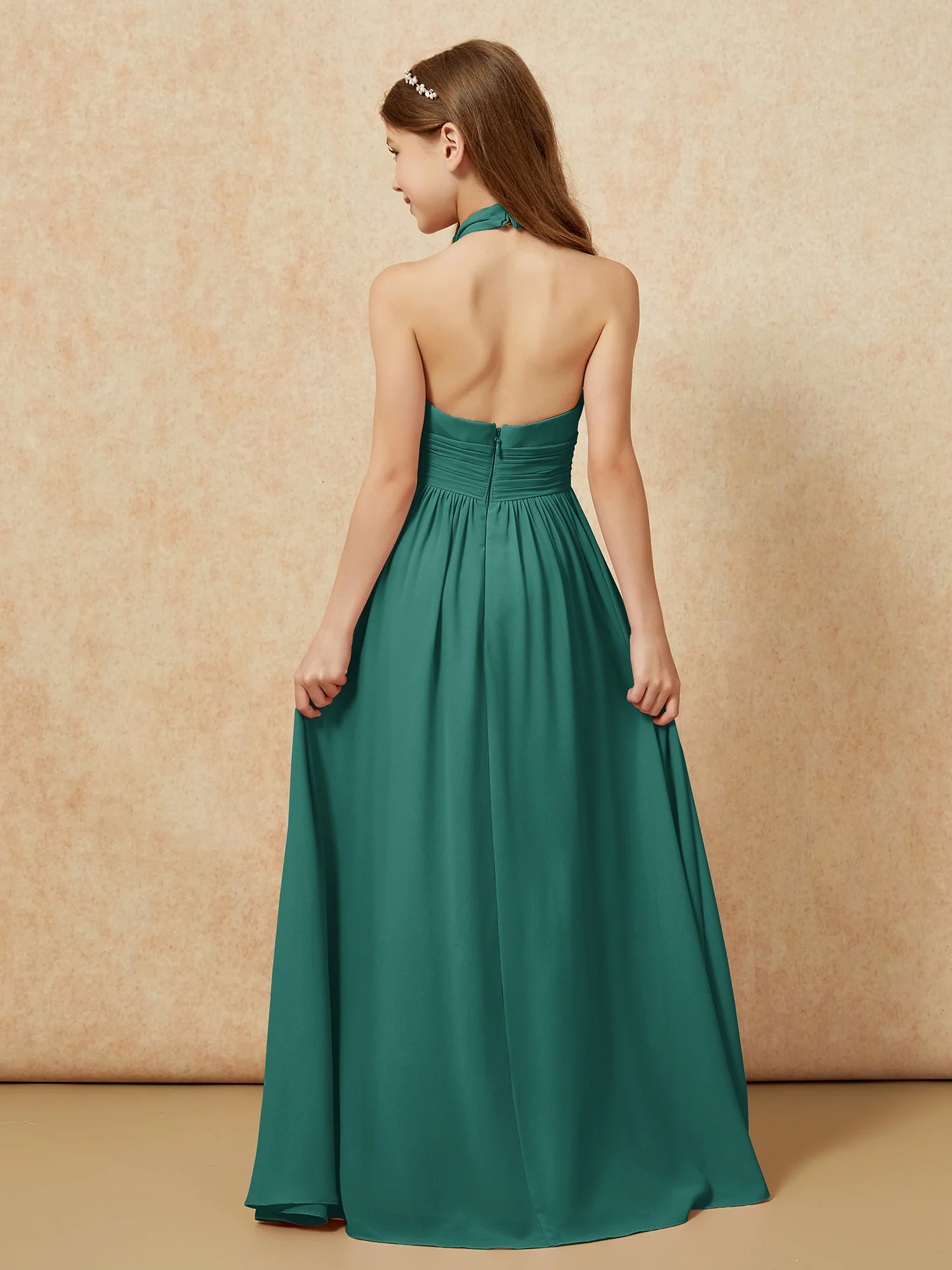 Halter Backless Chiffon Long Junior Bridesmaid Dress Peacock - Image 2
