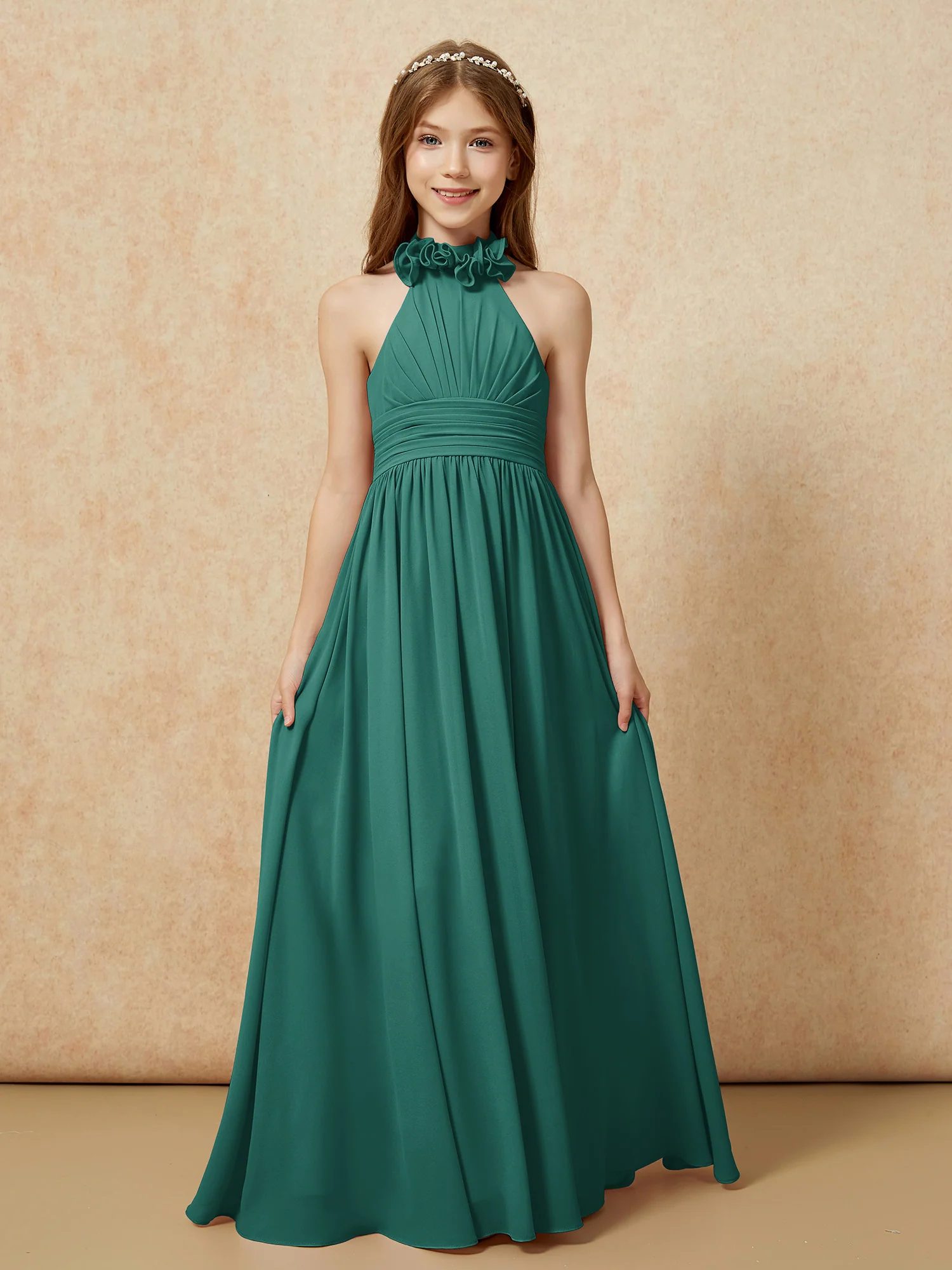 Halter Backless Chiffon Long Junior Bridesmaid Dress Peacock - Image 4