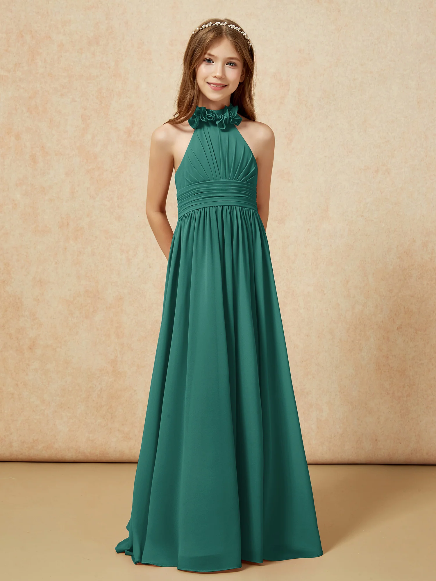 Halter Backless Chiffon Long Junior Bridesmaid Dress Peacock - Image 5