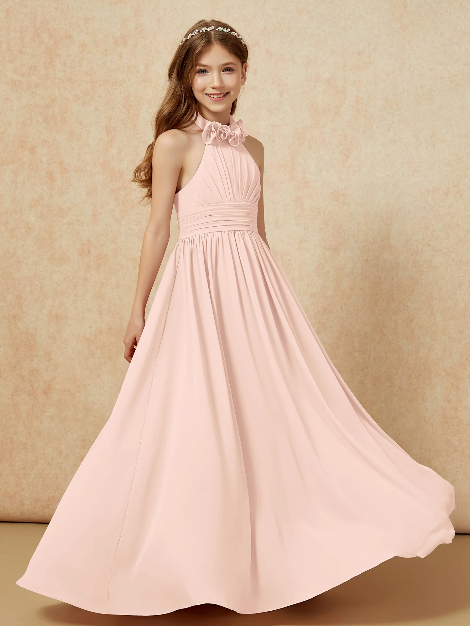 Halter Backless Chiffon Long Junior Bridesmaid Dress Pearl Pink