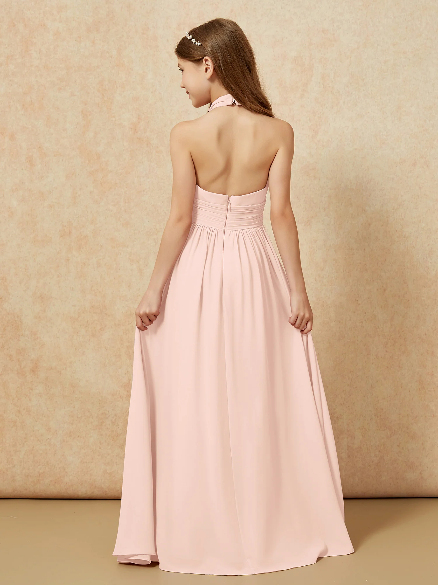 Halter Backless Chiffon Long Junior Bridesmaid Dress Pearl Pink - Image 2