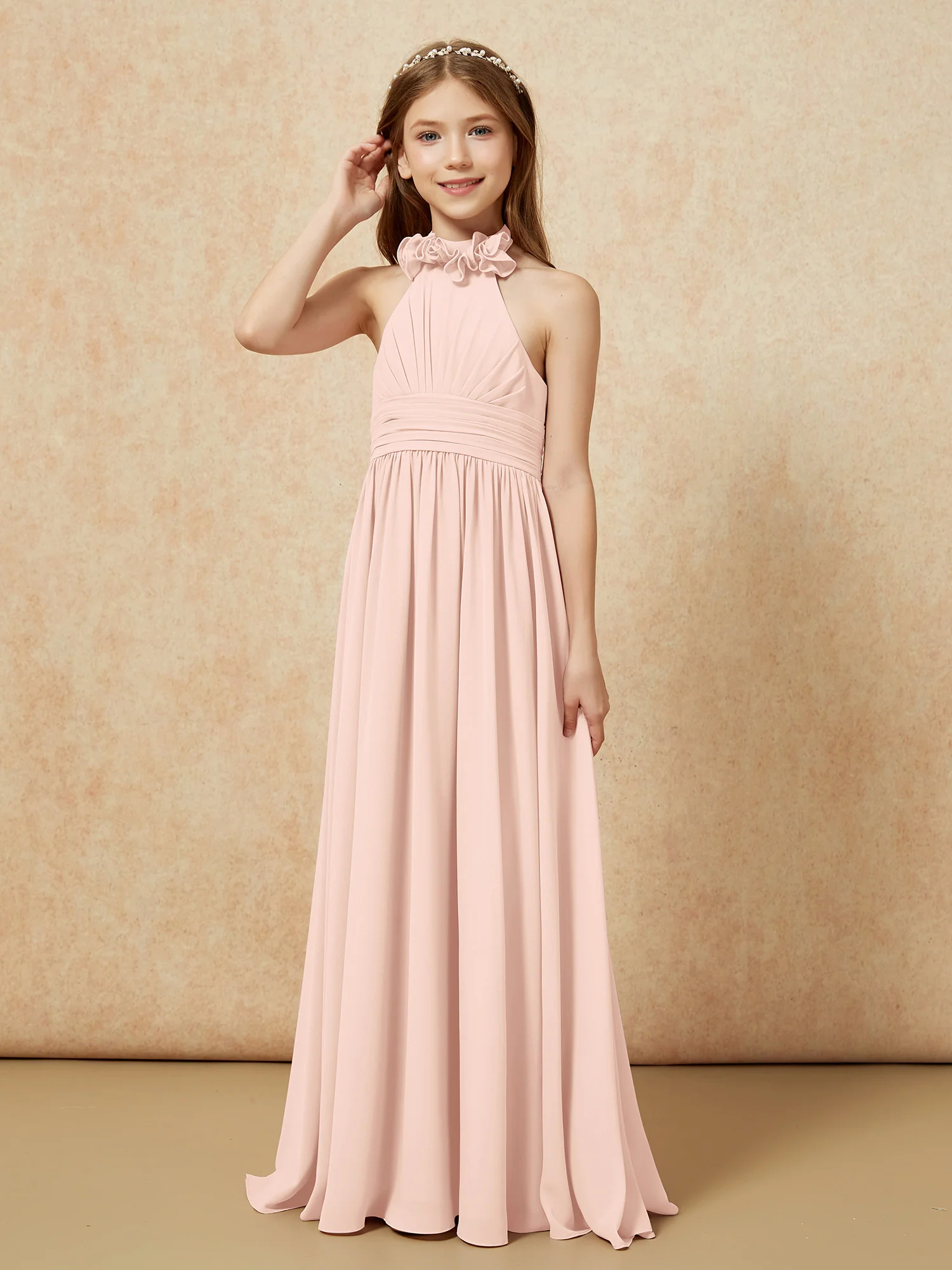 Halter Backless Chiffon Long Junior Bridesmaid Dress Pearl Pink - Image 3