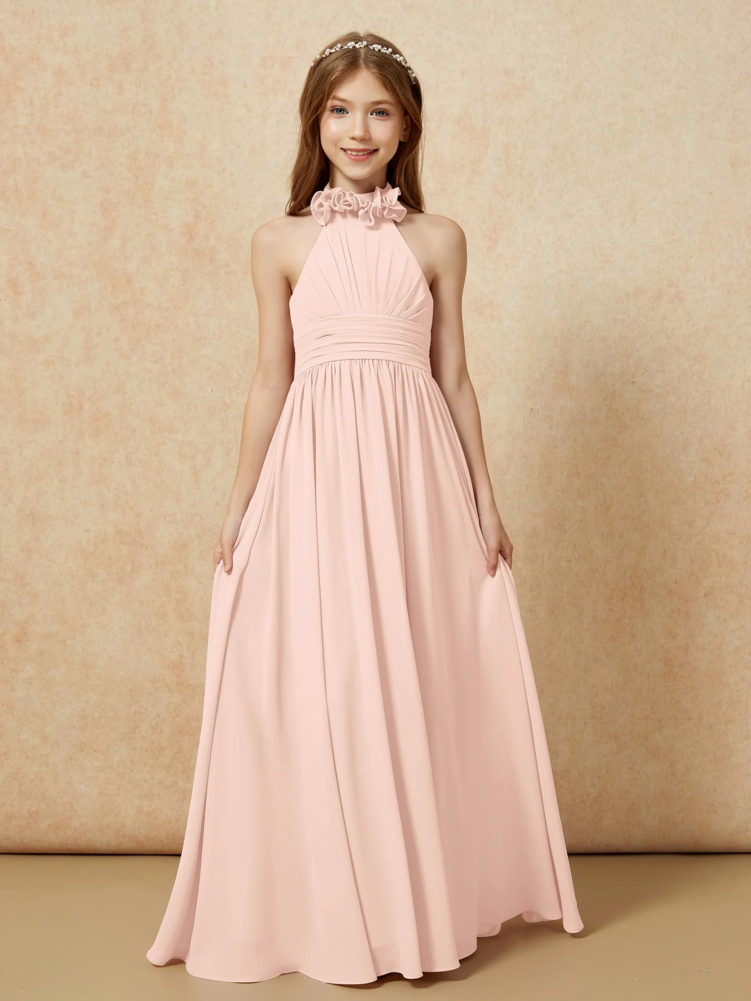 Halter Backless Chiffon Long Junior Bridesmaid Dress Pearl Pink - Image 4