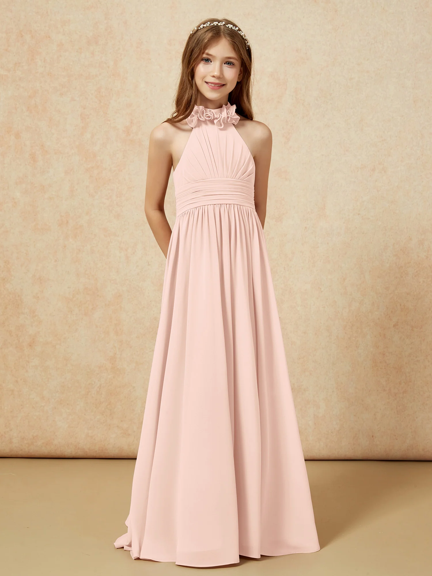Halter Backless Chiffon Long Junior Bridesmaid Dress Pearl Pink - Image 5