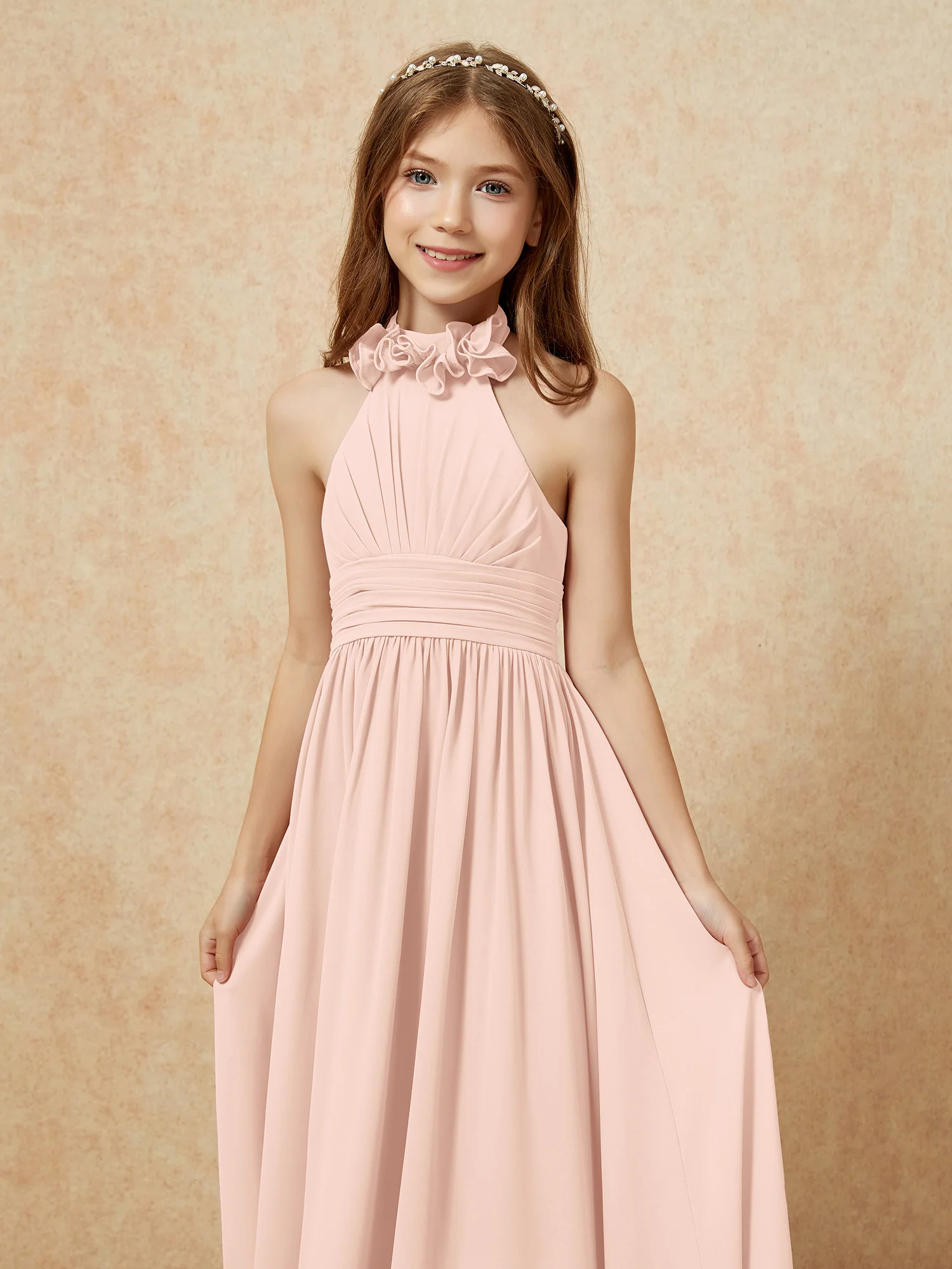 Halter Backless Chiffon Long Junior Bridesmaid Dress Pearl Pink - Image 6