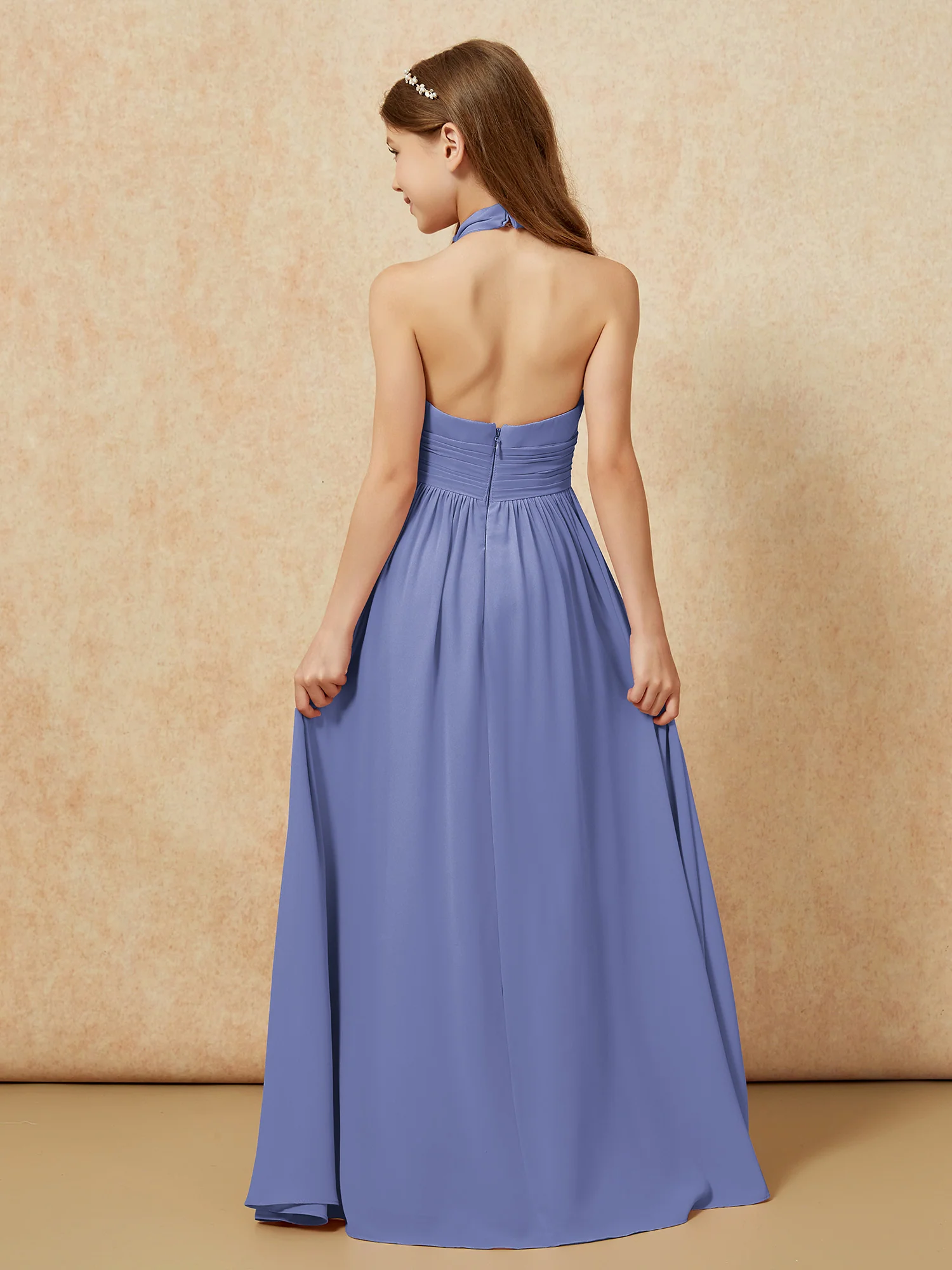 Halter Backless Chiffon Long Junior Bridesmaid Dress Periwinkle - Image 2