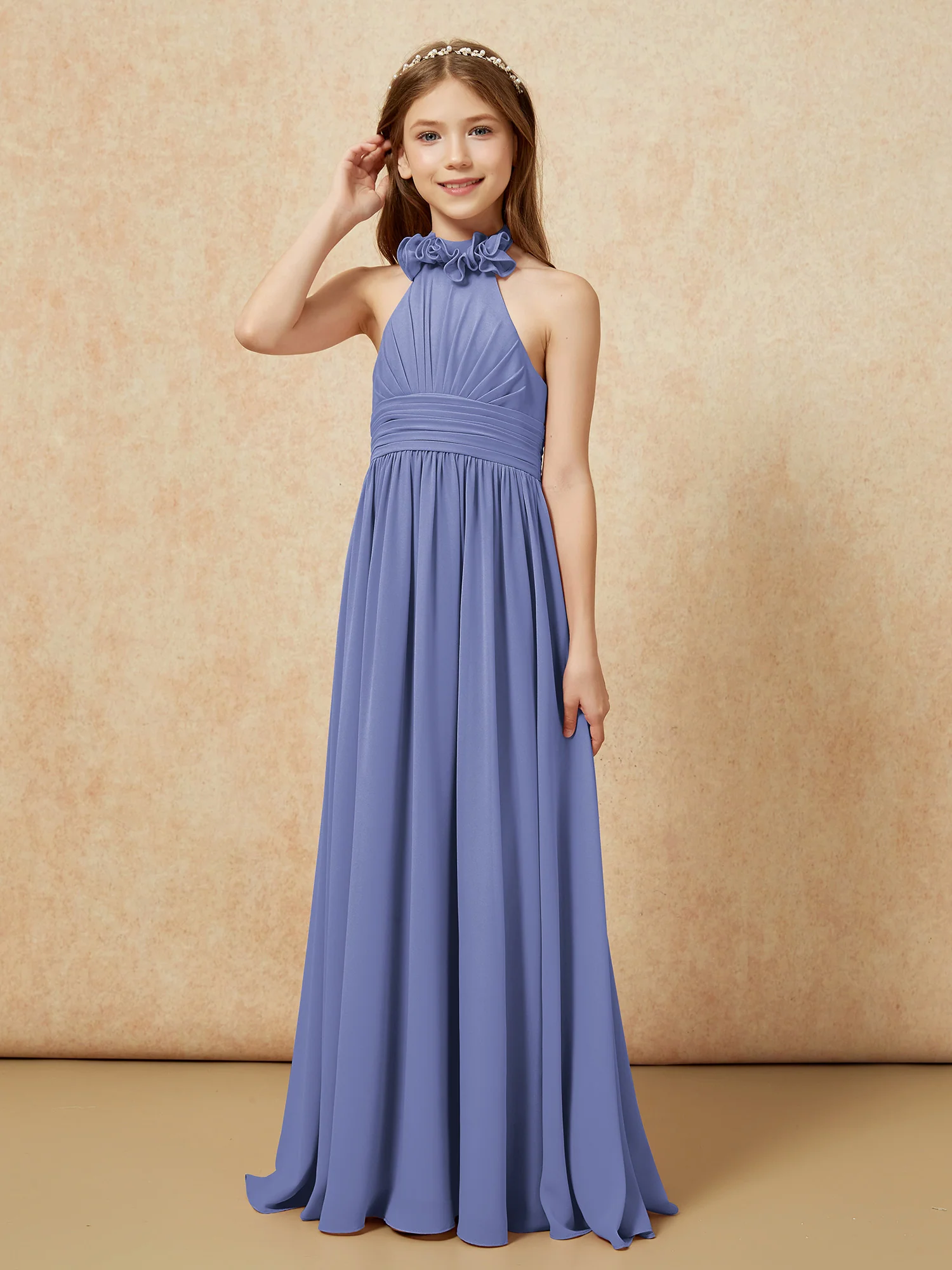 Halter Backless Chiffon Long Junior Bridesmaid Dress Periwinkle - Image 3