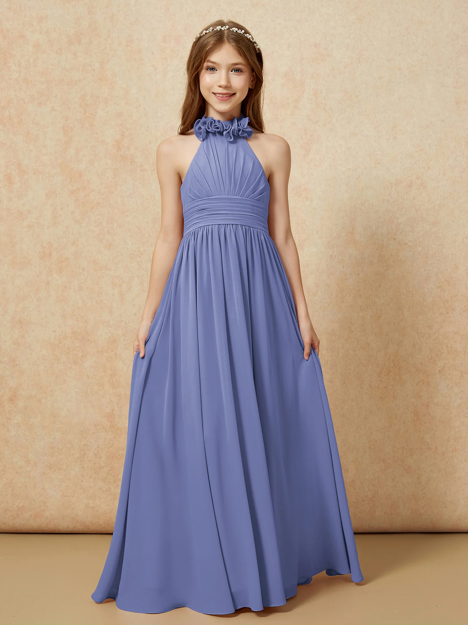 Halter Backless Chiffon Long Junior Bridesmaid Dress Periwinkle - Image 4