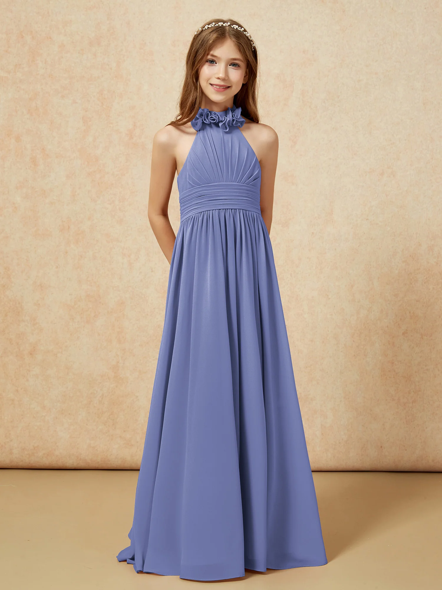 Halter Backless Chiffon Long Junior Bridesmaid Dress Periwinkle - Image 5