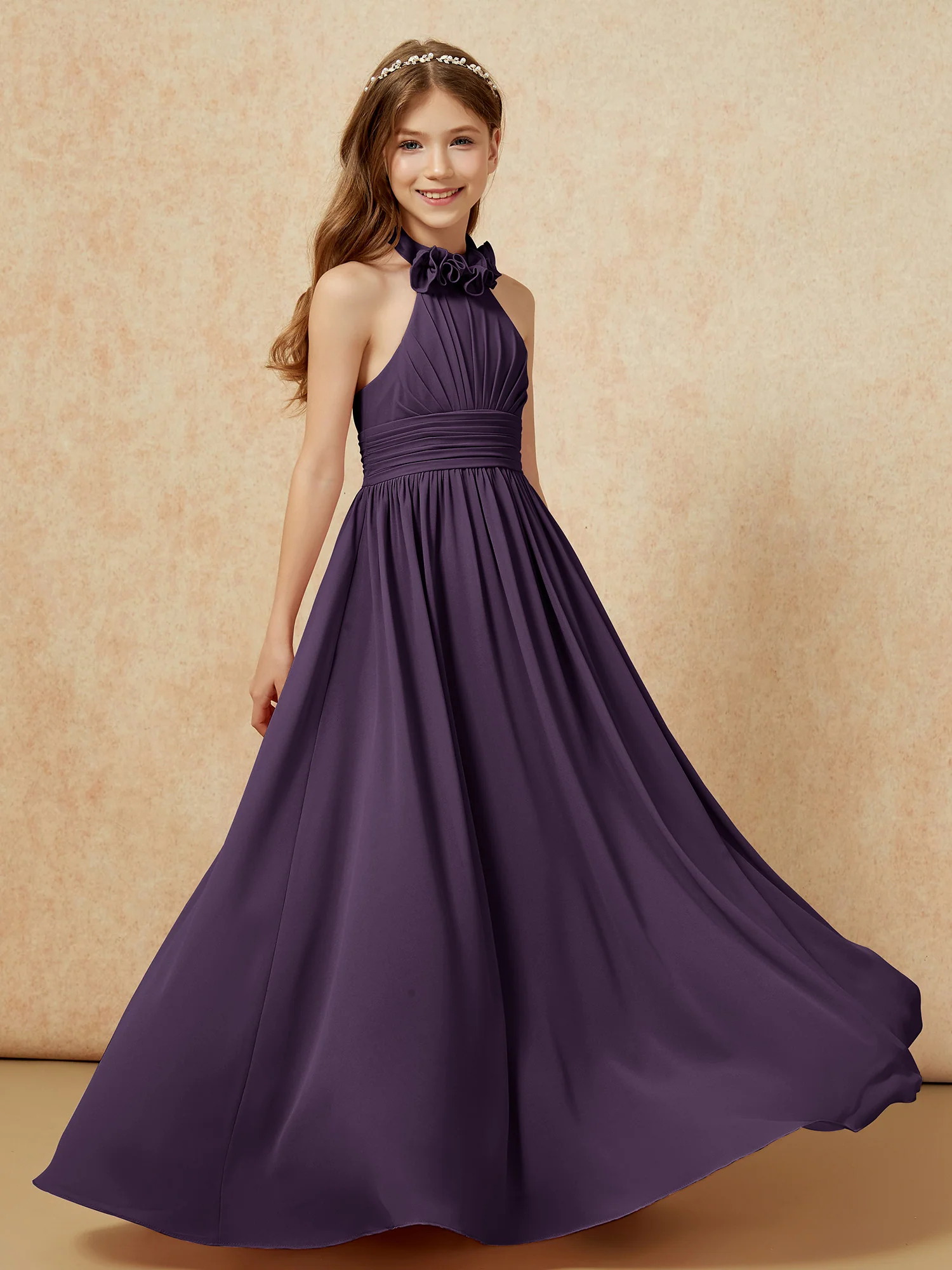 Halter Backless Chiffon Long Junior Bridesmaid Dress Plum