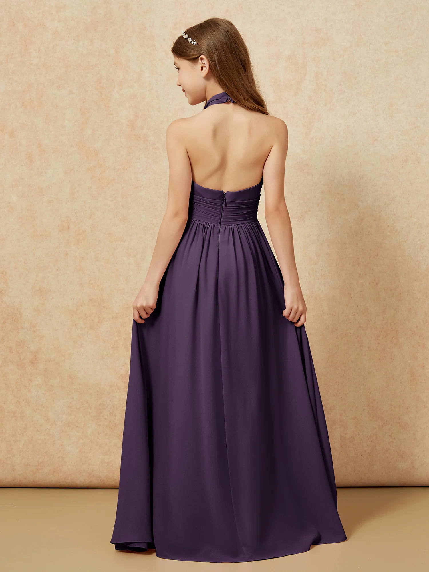 Halter Backless Chiffon Long Junior Bridesmaid Dress Plum - Image 2