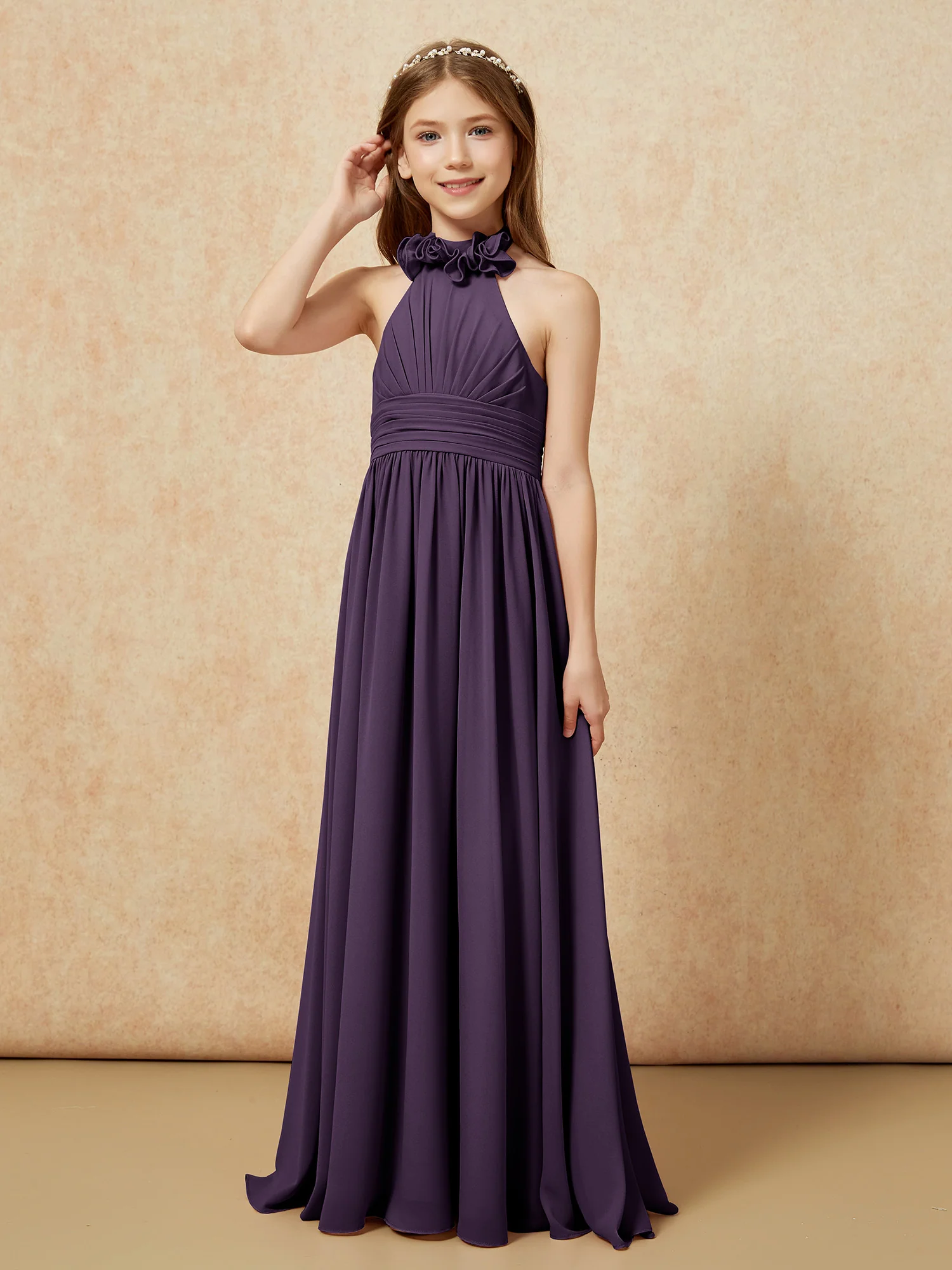 Halter Backless Chiffon Long Junior Bridesmaid Dress Plum - Image 3