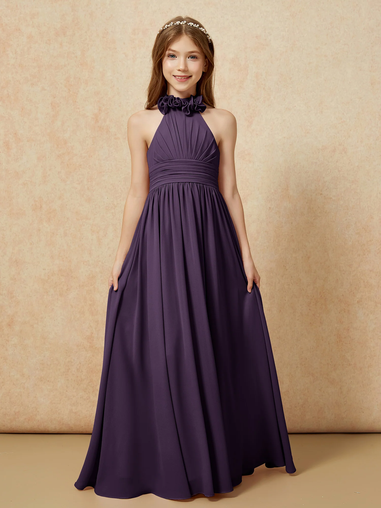 Halter Backless Chiffon Long Junior Bridesmaid Dress Plum - Image 4