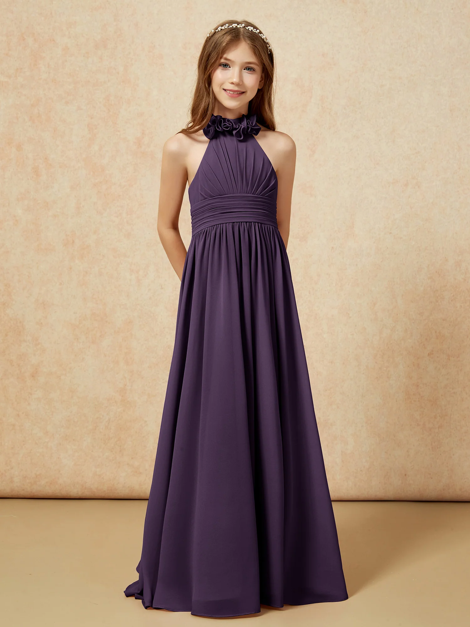 Halter Backless Chiffon Long Junior Bridesmaid Dress Plum - Image 5