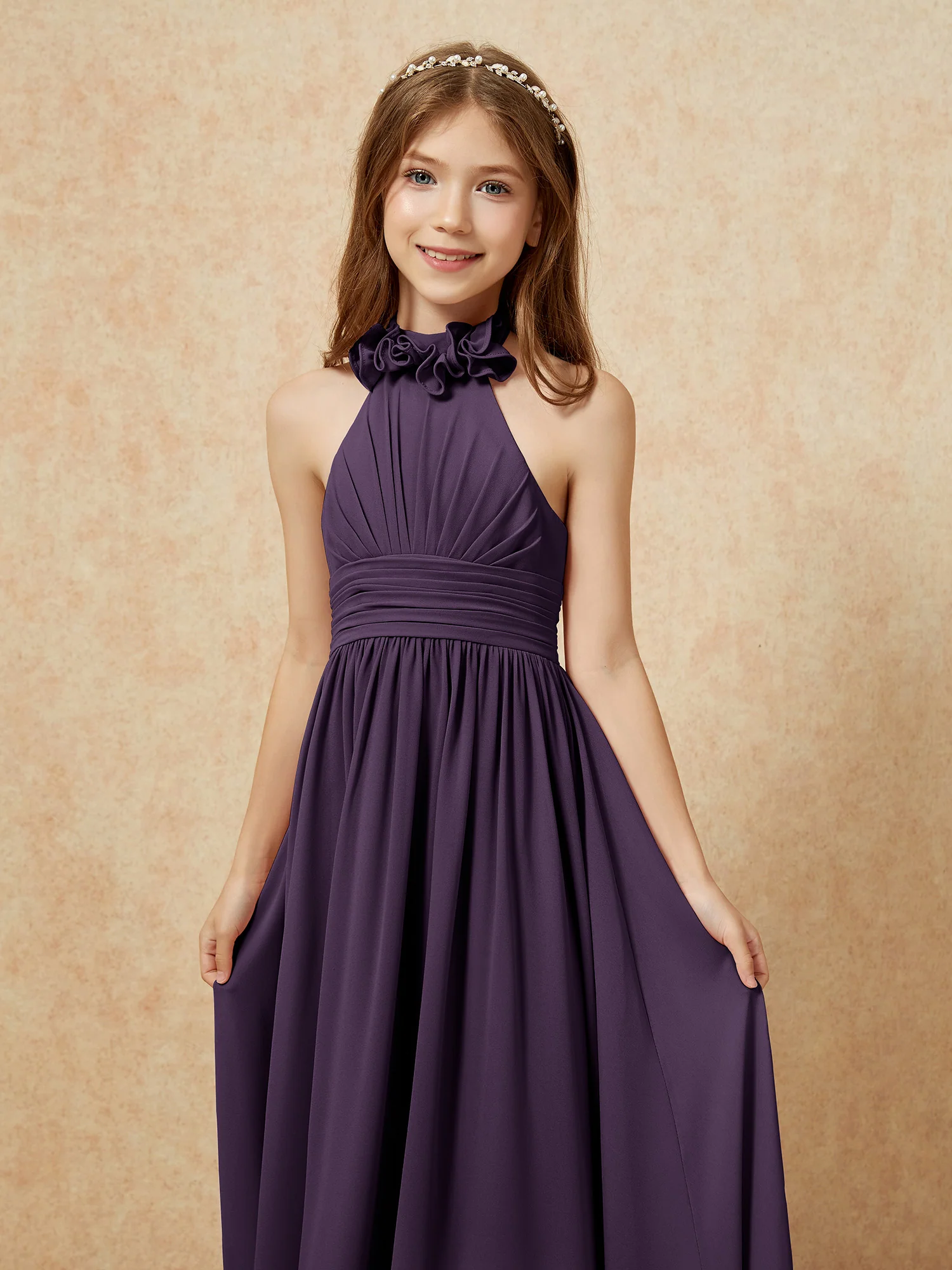 Halter Backless Chiffon Long Junior Bridesmaid Dress Plum - Image 6