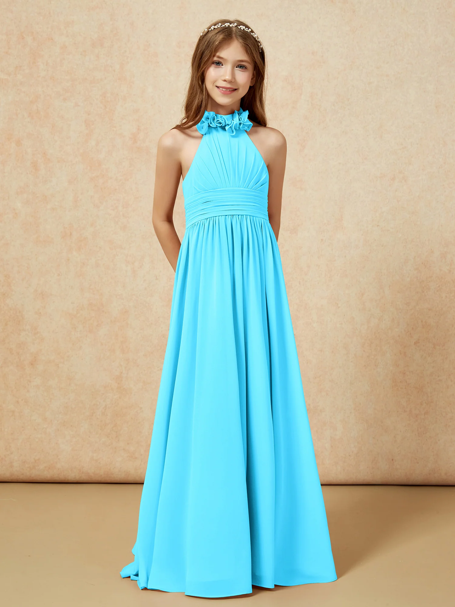 Halter Backless Chiffon Long Junior Bridesmaid Dress Pool - Image 5
