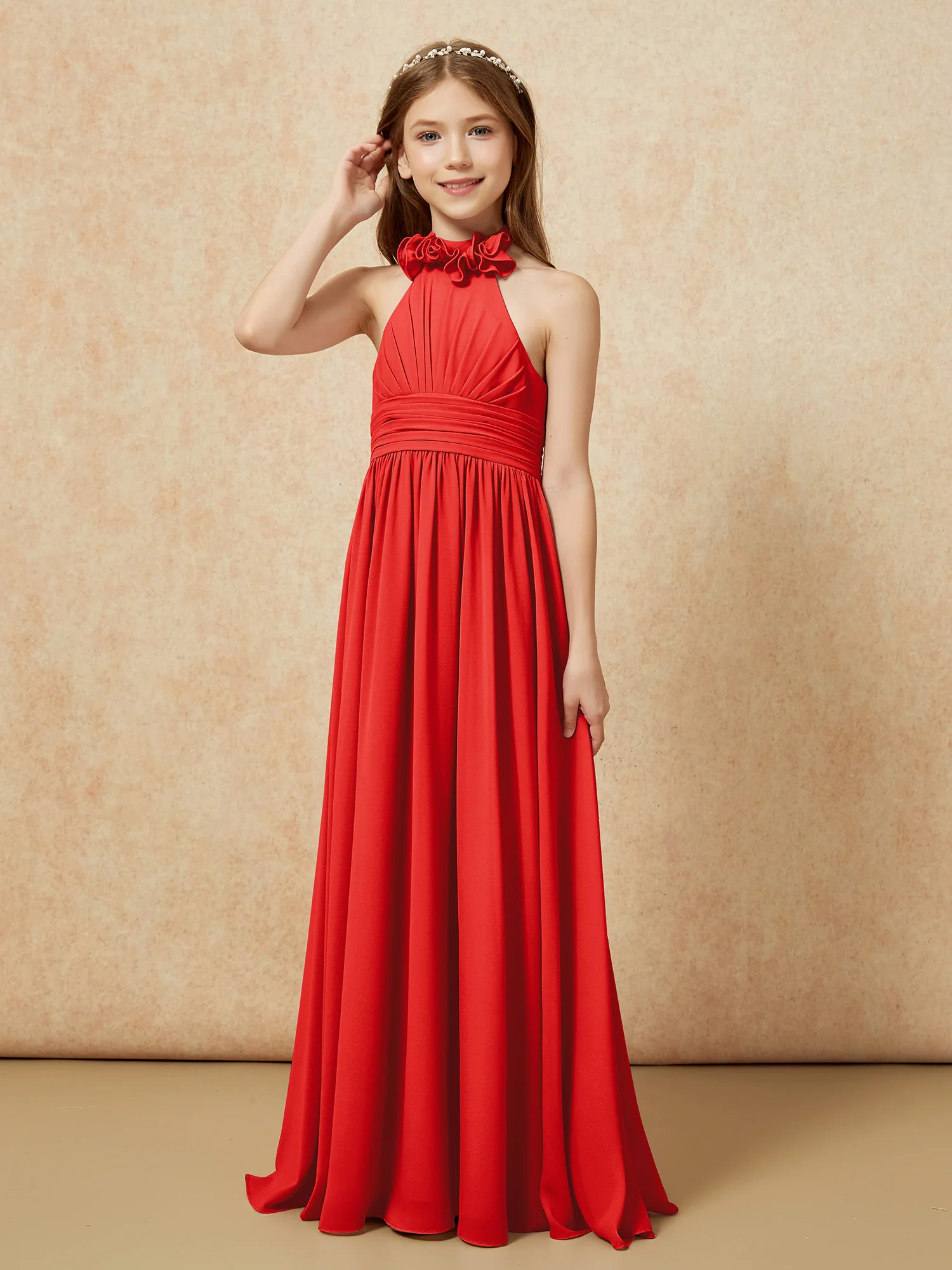 Halter Backless Chiffon Long Junior Bridesmaid Dress Red - Image 3