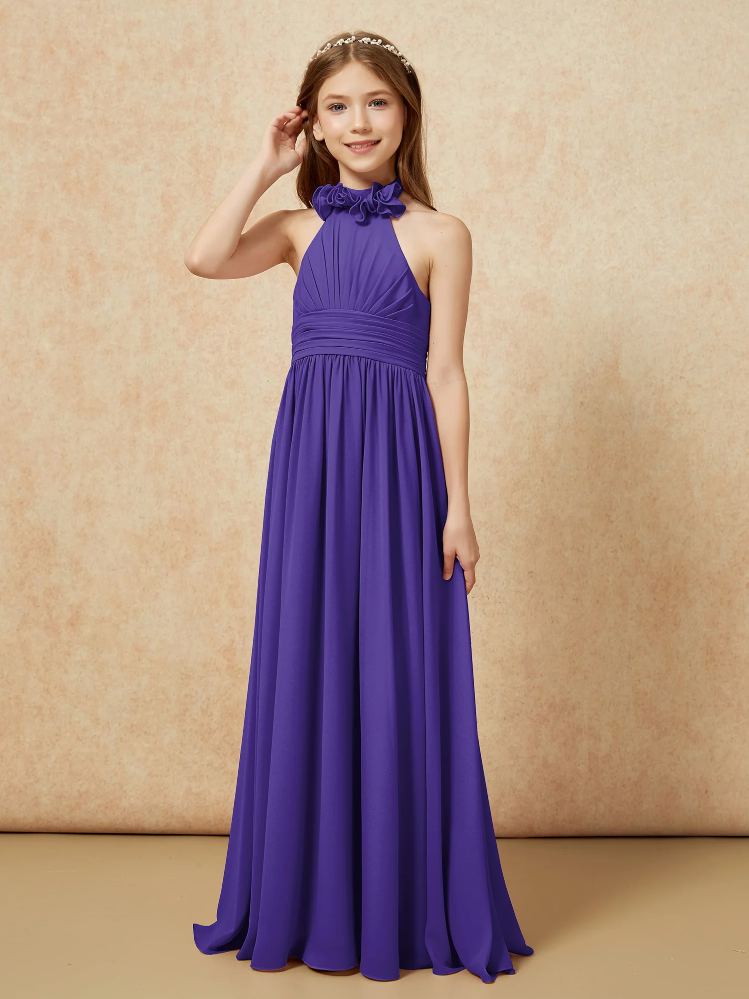 Halter Backless Chiffon Long Junior Bridesmaid Dress Regency - Image 3