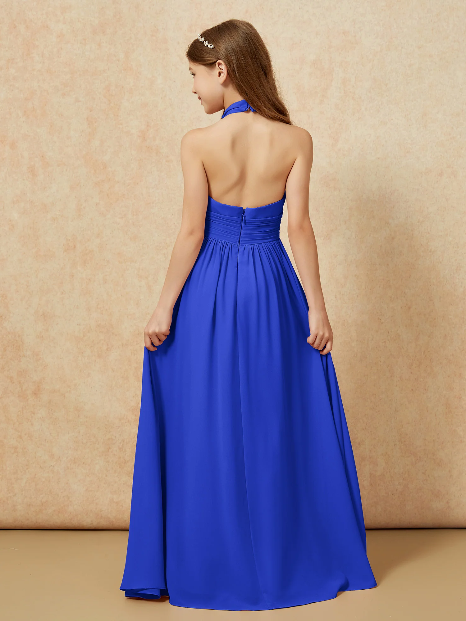 Halter Backless Chiffon Long Junior Bridesmaid Dress Royal Blue - Image 2