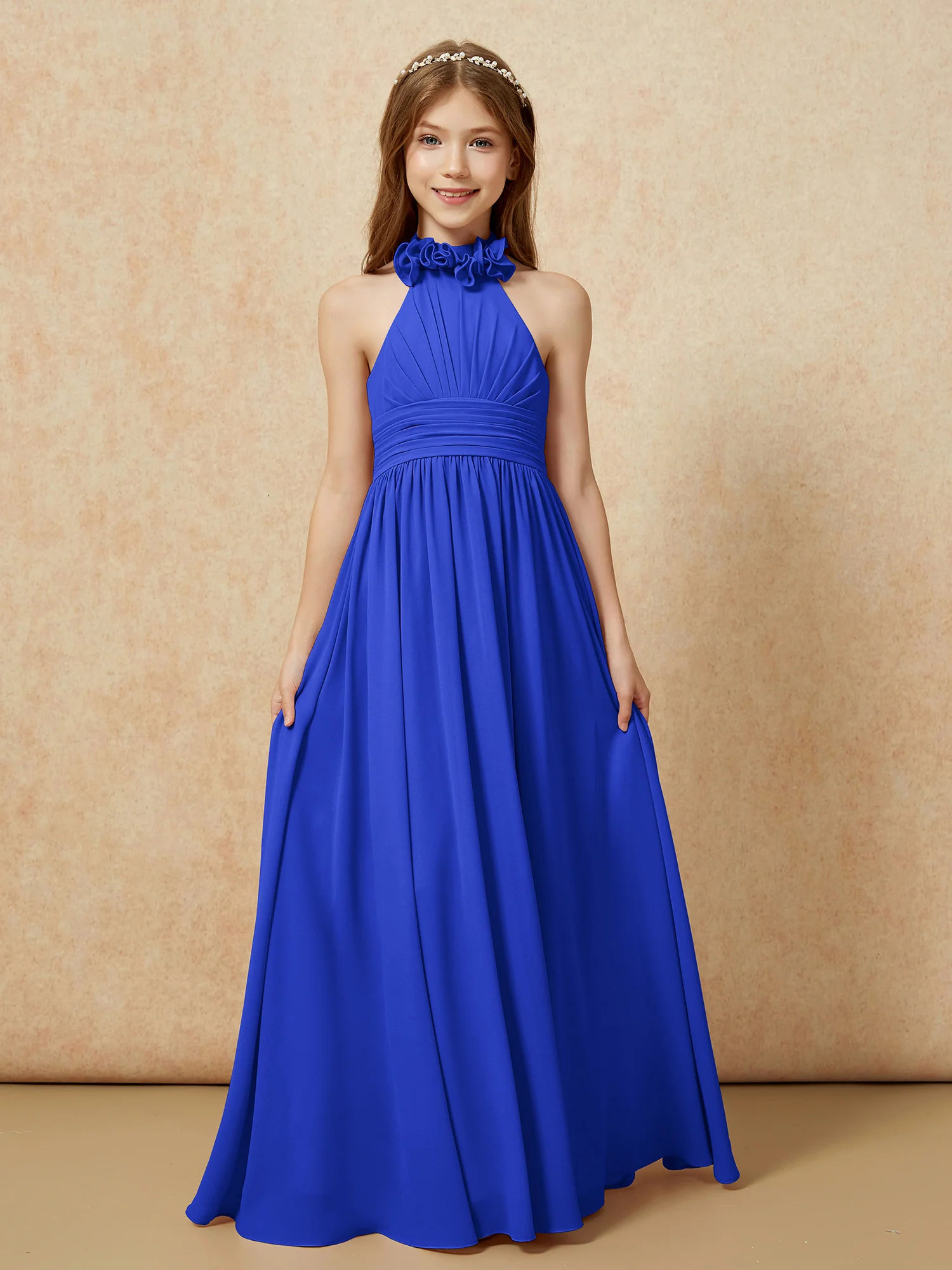 Halter Backless Chiffon Long Junior Bridesmaid Dress Royal Blue - Image 4