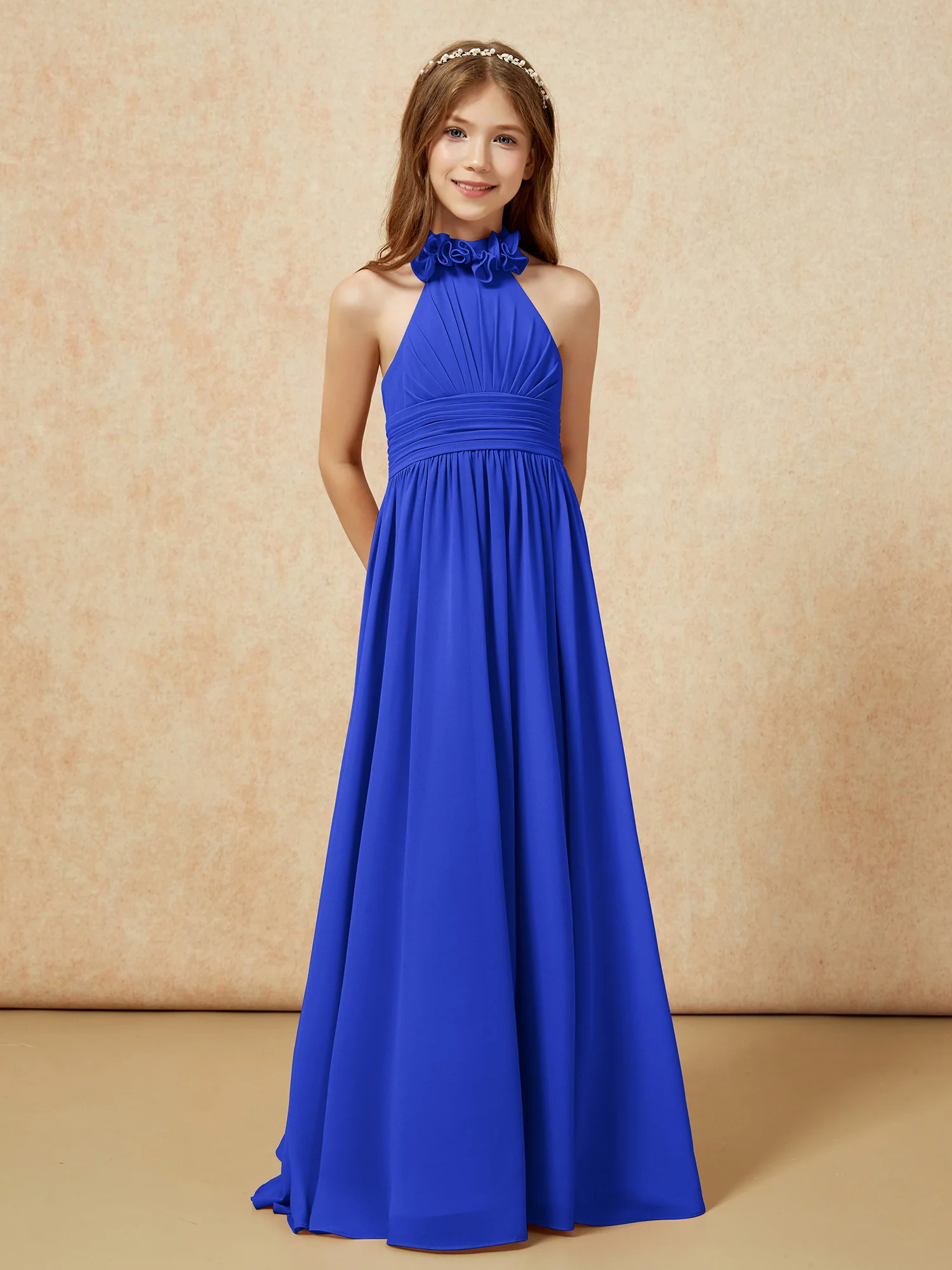 Halter Backless Chiffon Long Junior Bridesmaid Dress Royal Blue - Image 5