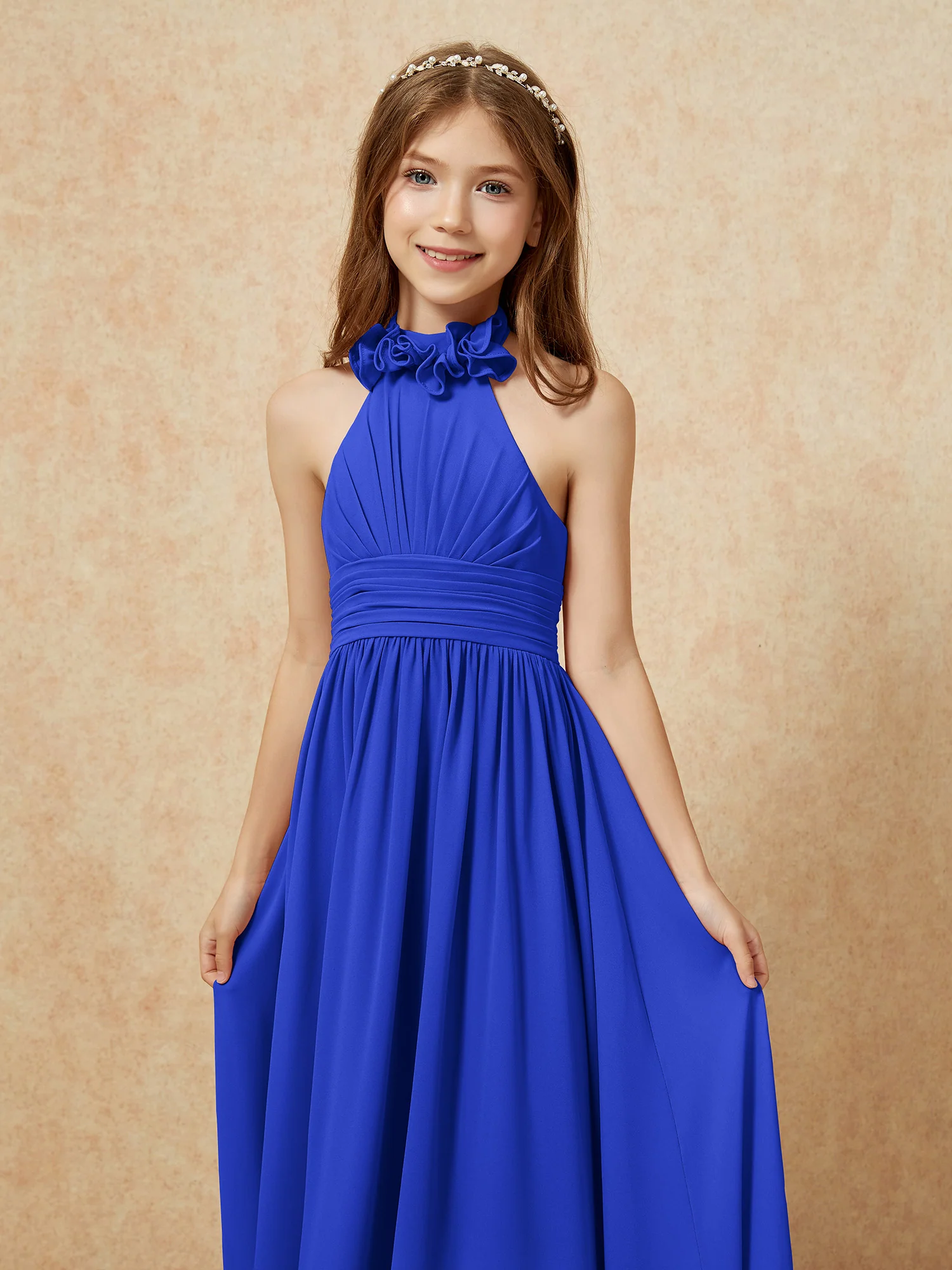 Halter Backless Chiffon Long Junior Bridesmaid Dress Royal Blue - Image 6