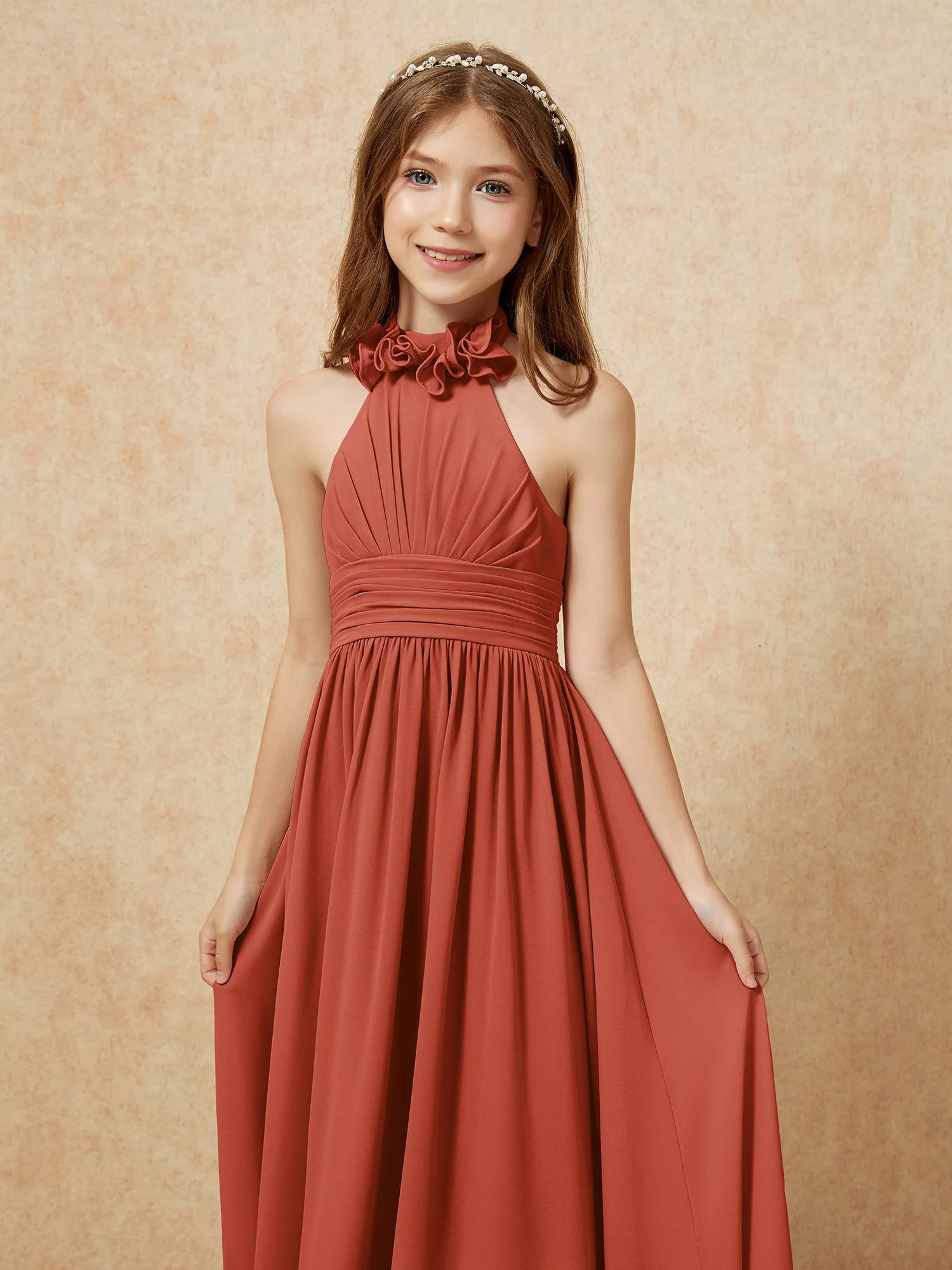 Halter Backless Chiffon Long Junior Bridesmaid Dress Rust - Image 6