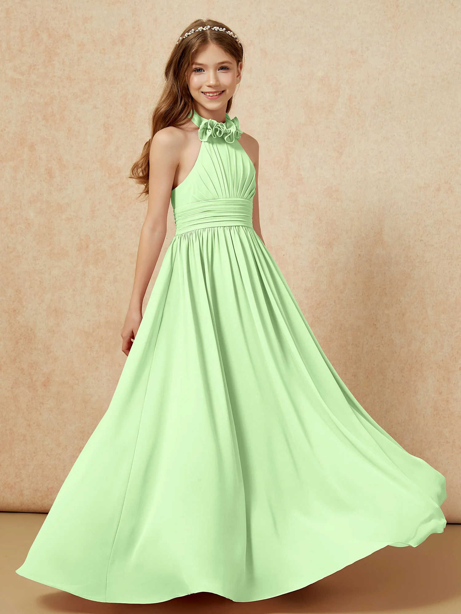 Halter Backless Chiffon Long Junior Bridesmaid Dress Sage