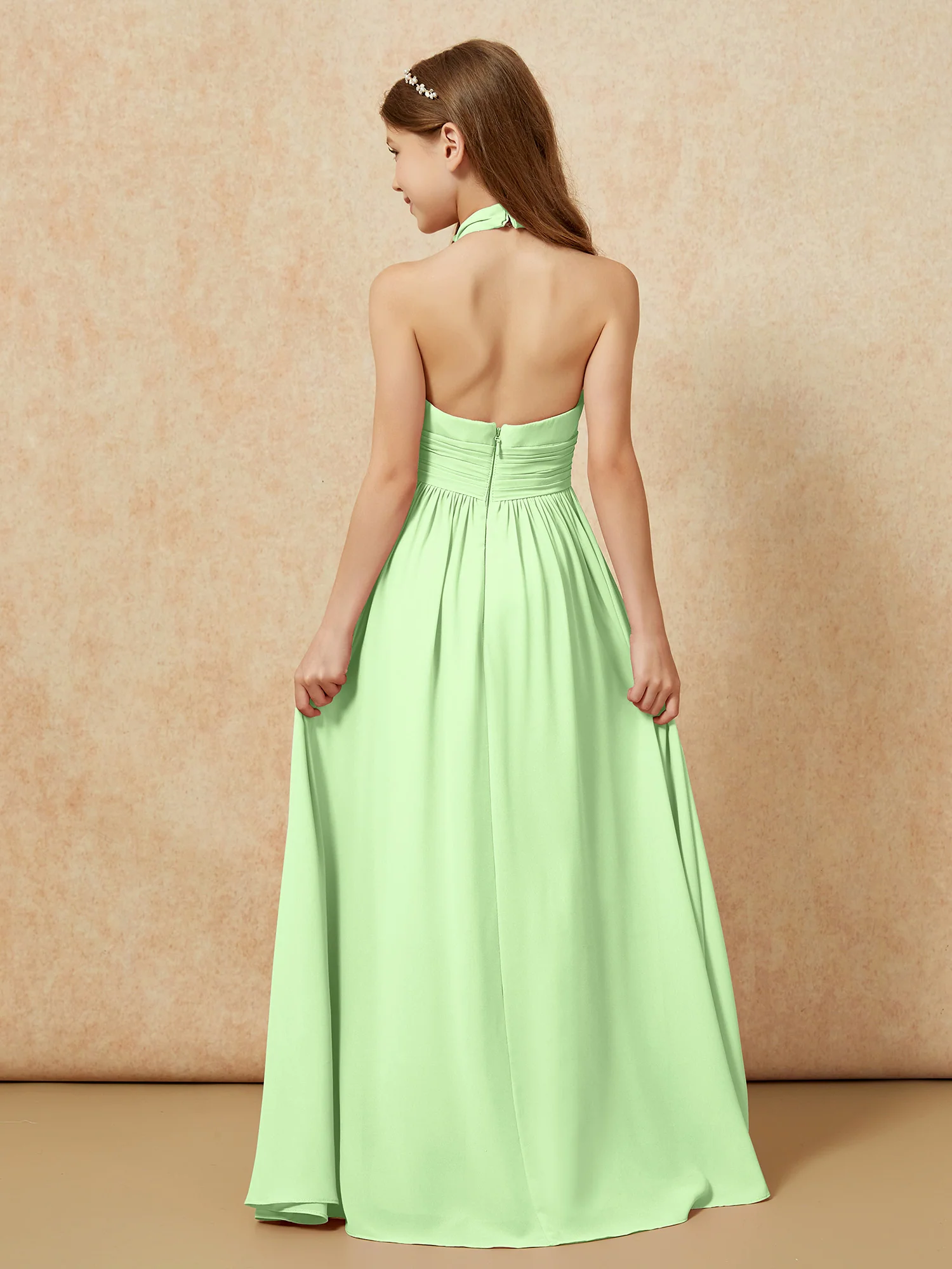 Halter Backless Chiffon Long Junior Bridesmaid Dress Sage - Image 2