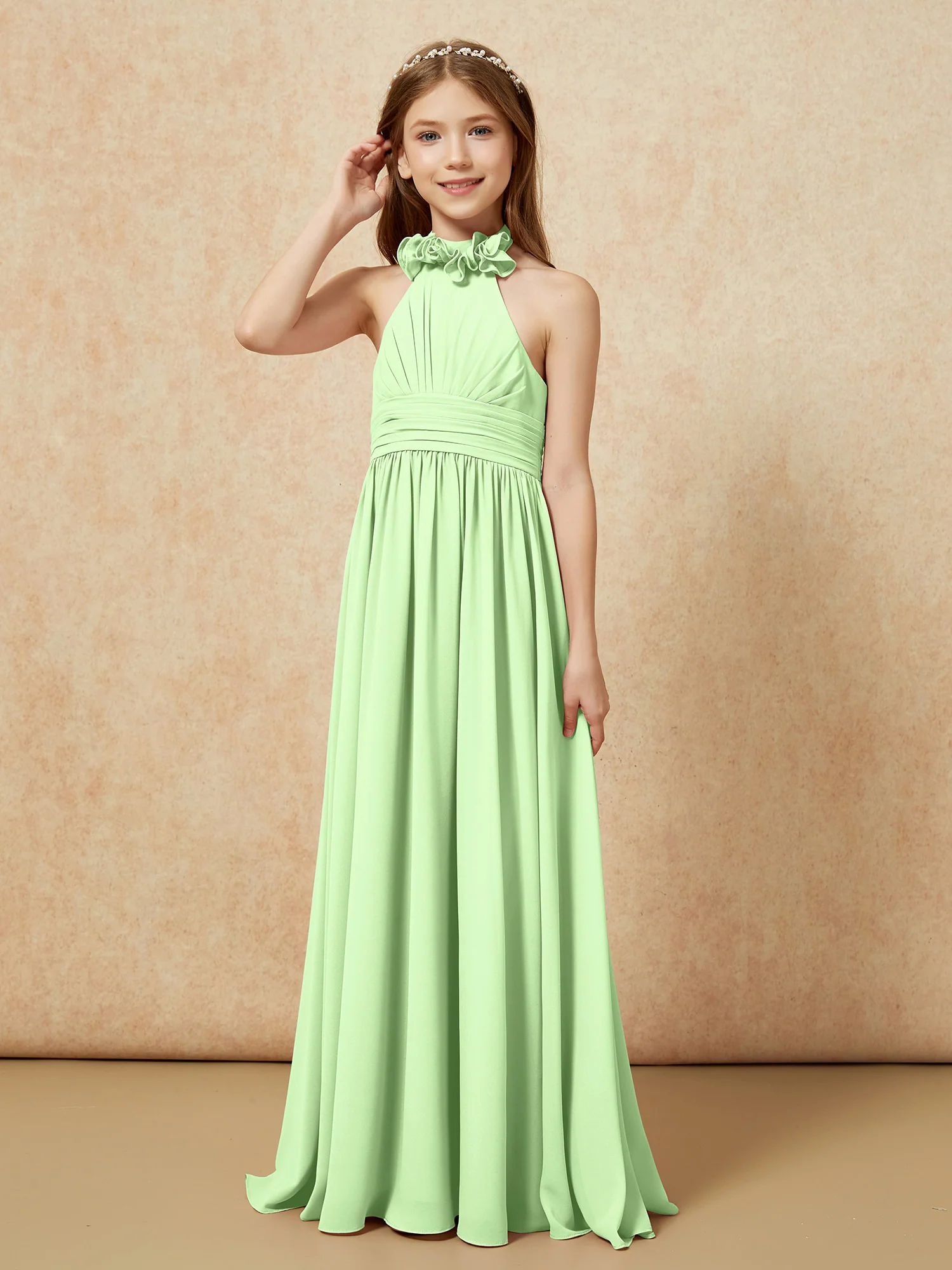 Halter Backless Chiffon Long Junior Bridesmaid Dress Sage - Image 3