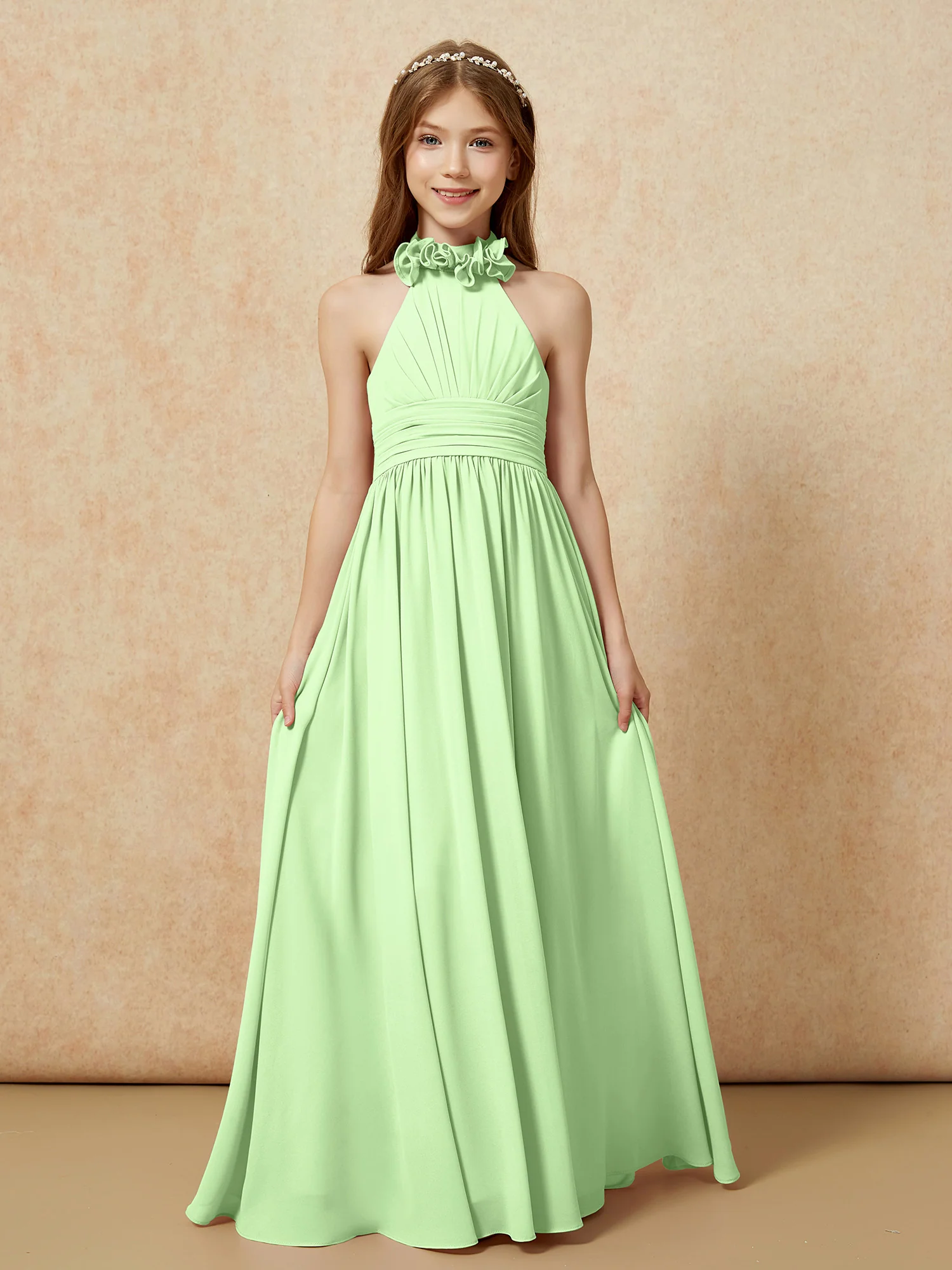 Halter Backless Chiffon Long Junior Bridesmaid Dress Sage - Image 4