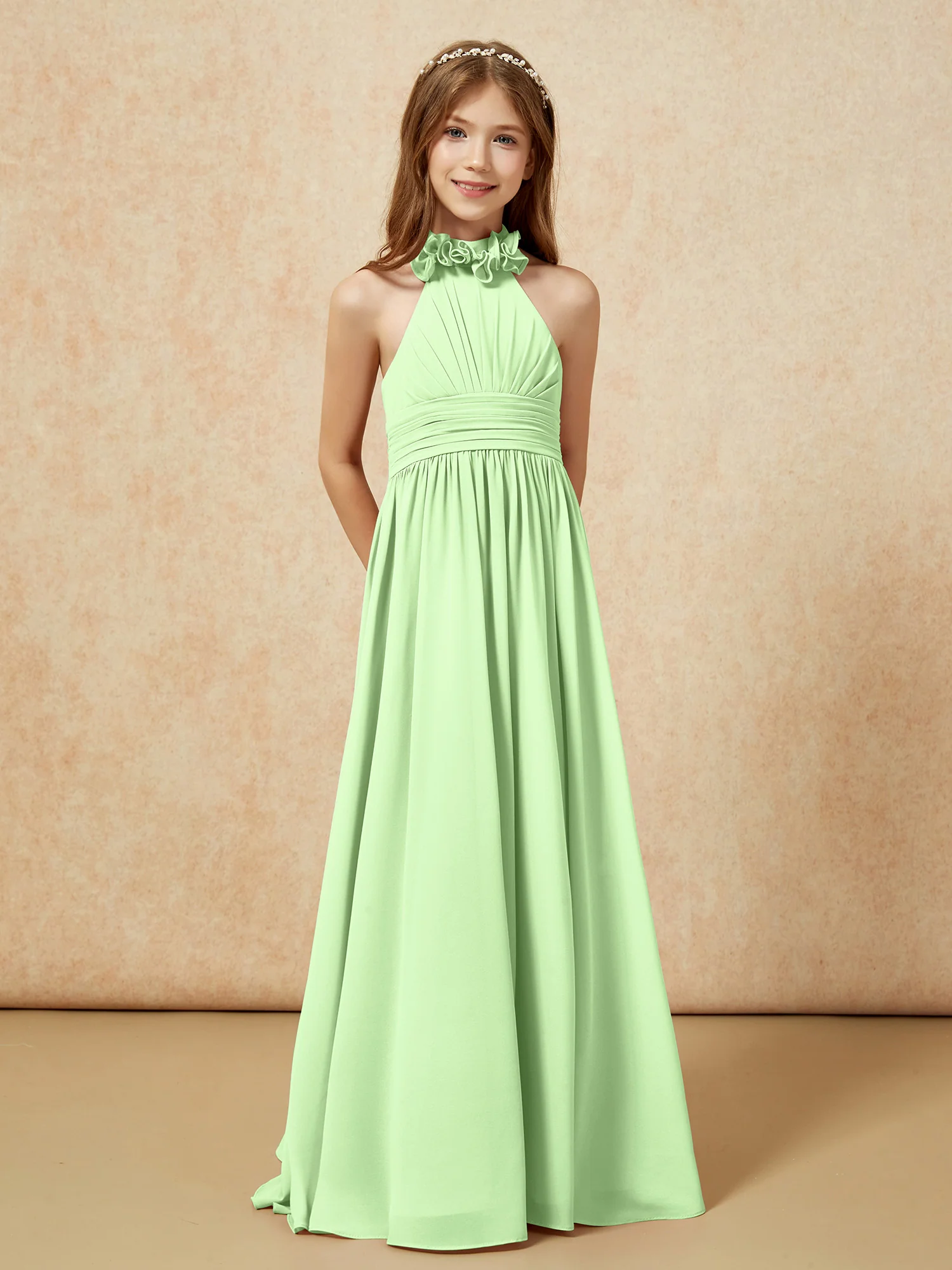 Halter Backless Chiffon Long Junior Bridesmaid Dress Sage - Image 5